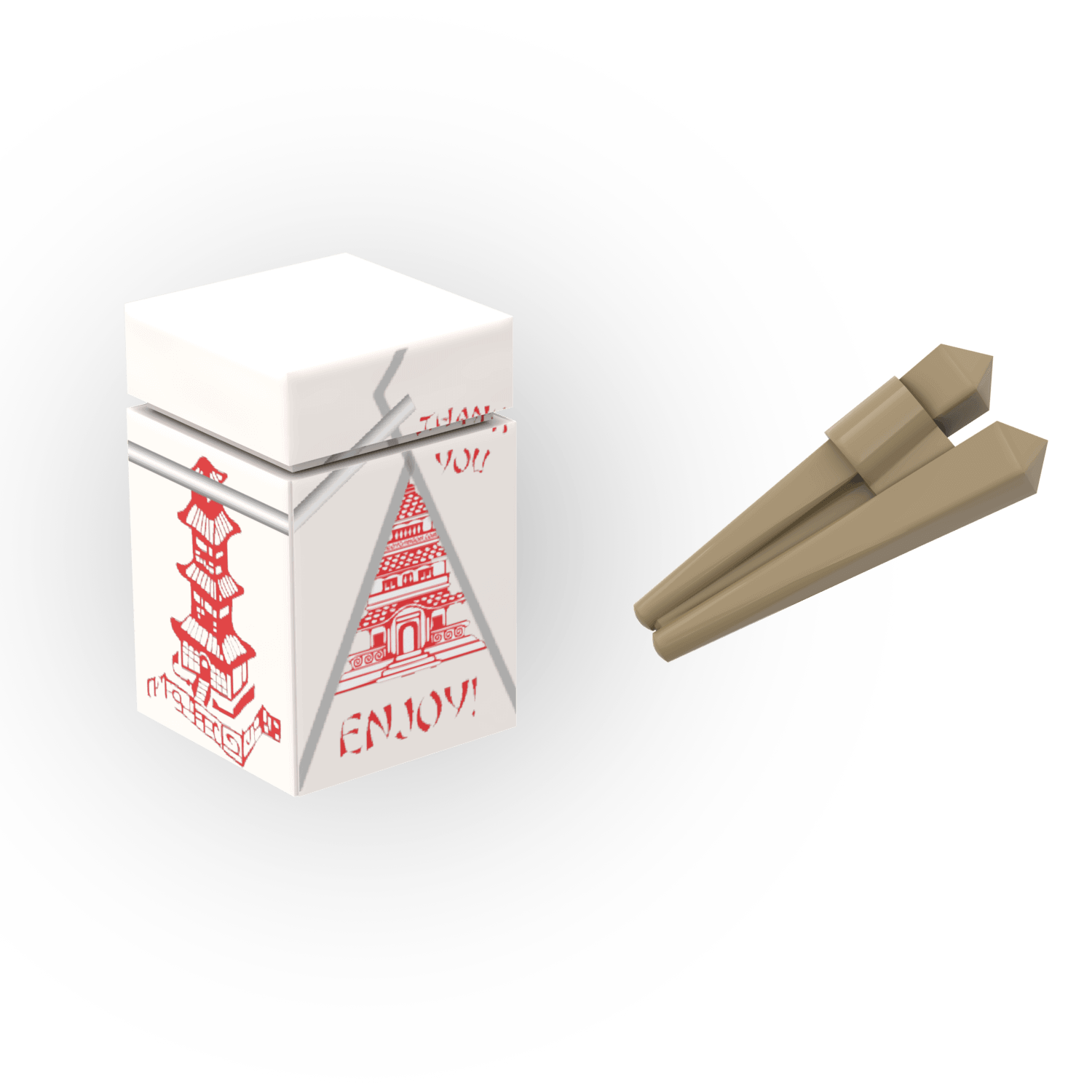 White Chinese takeout box with red ad white design and two beige chopsticks on a white background