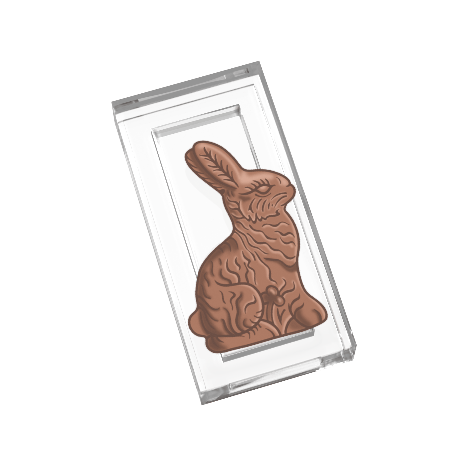 A custom-printed clear LEGO tile featuring a chocolate bunny design.