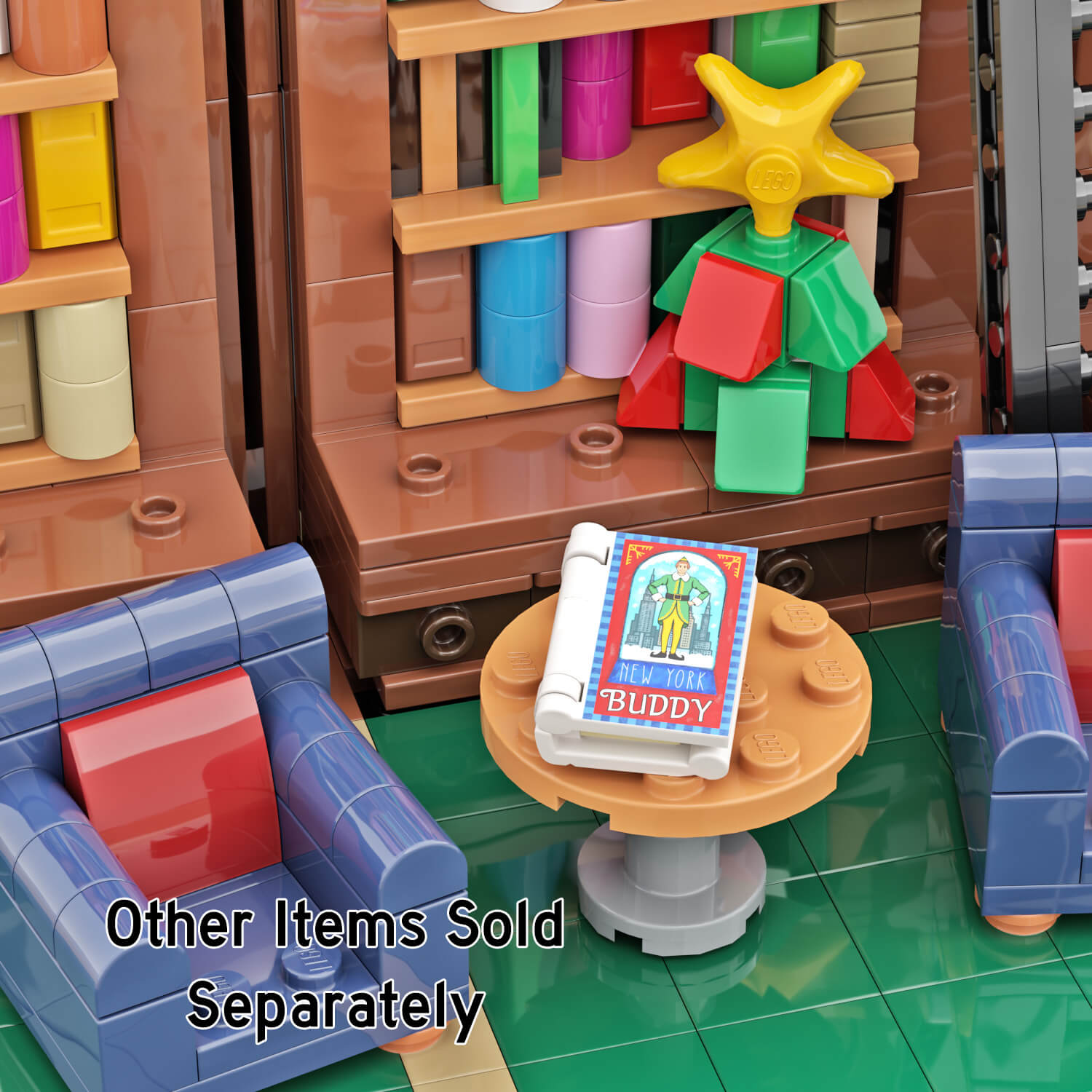 Buddy Christmas LEGO Book on a small coffee table with bookcases and a small Christmas tree in the background with 2 blue chairs.