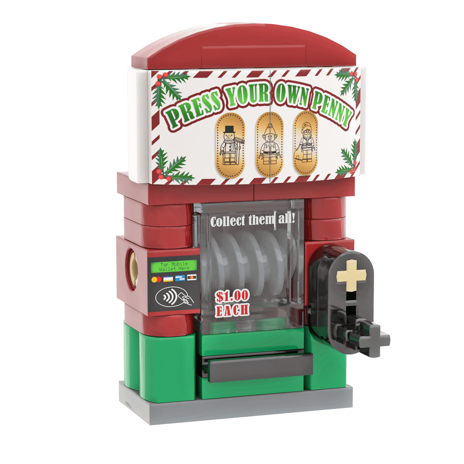 Lego penny press machine christmas themed with a red and green design on a white background