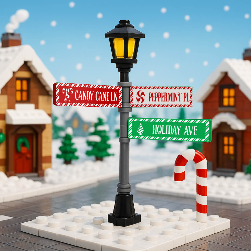 Street lamp post with candy cane lane, holiday ave, and peppermint place street signs in a snowy LEGO village setting.