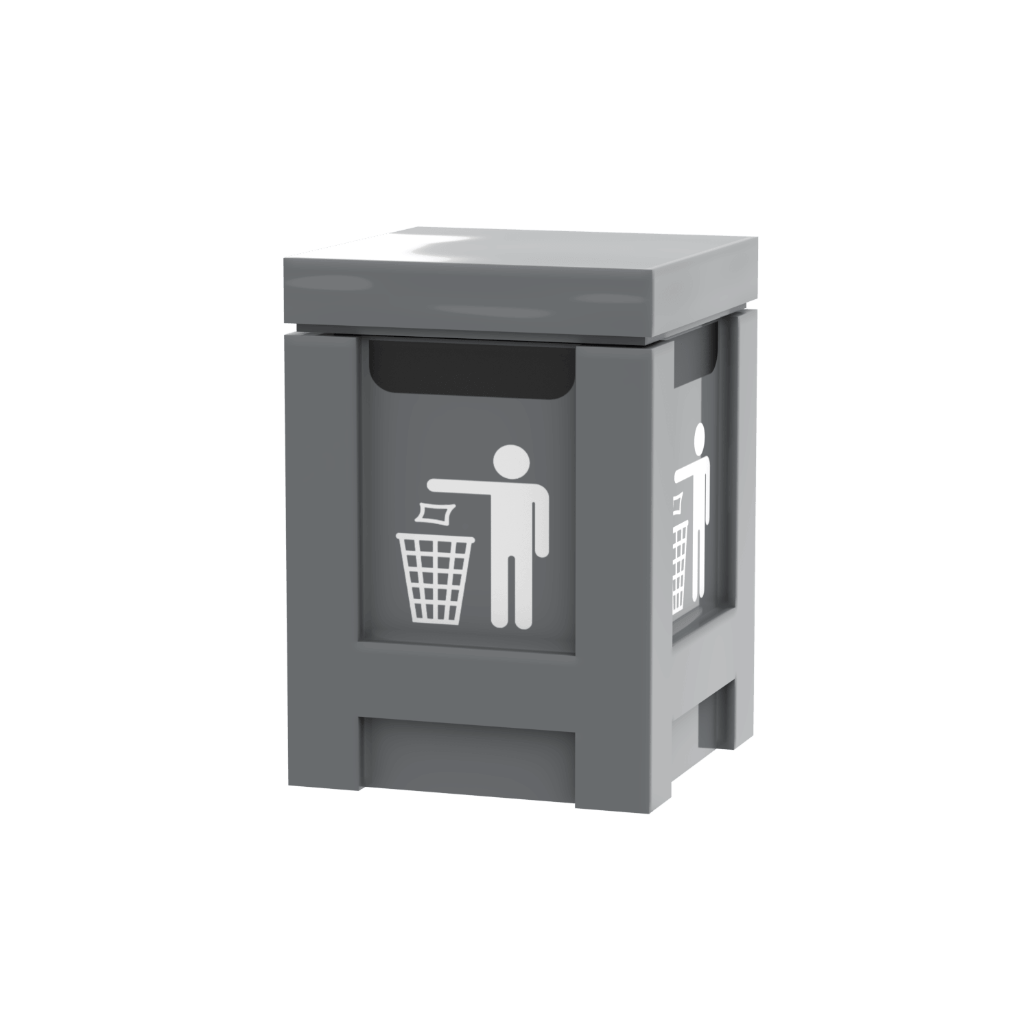 Brick built LEGO MOC of a Grey City Trash Can with drawing of a person placing trash in a trash can printed on each side in white, on a white background.