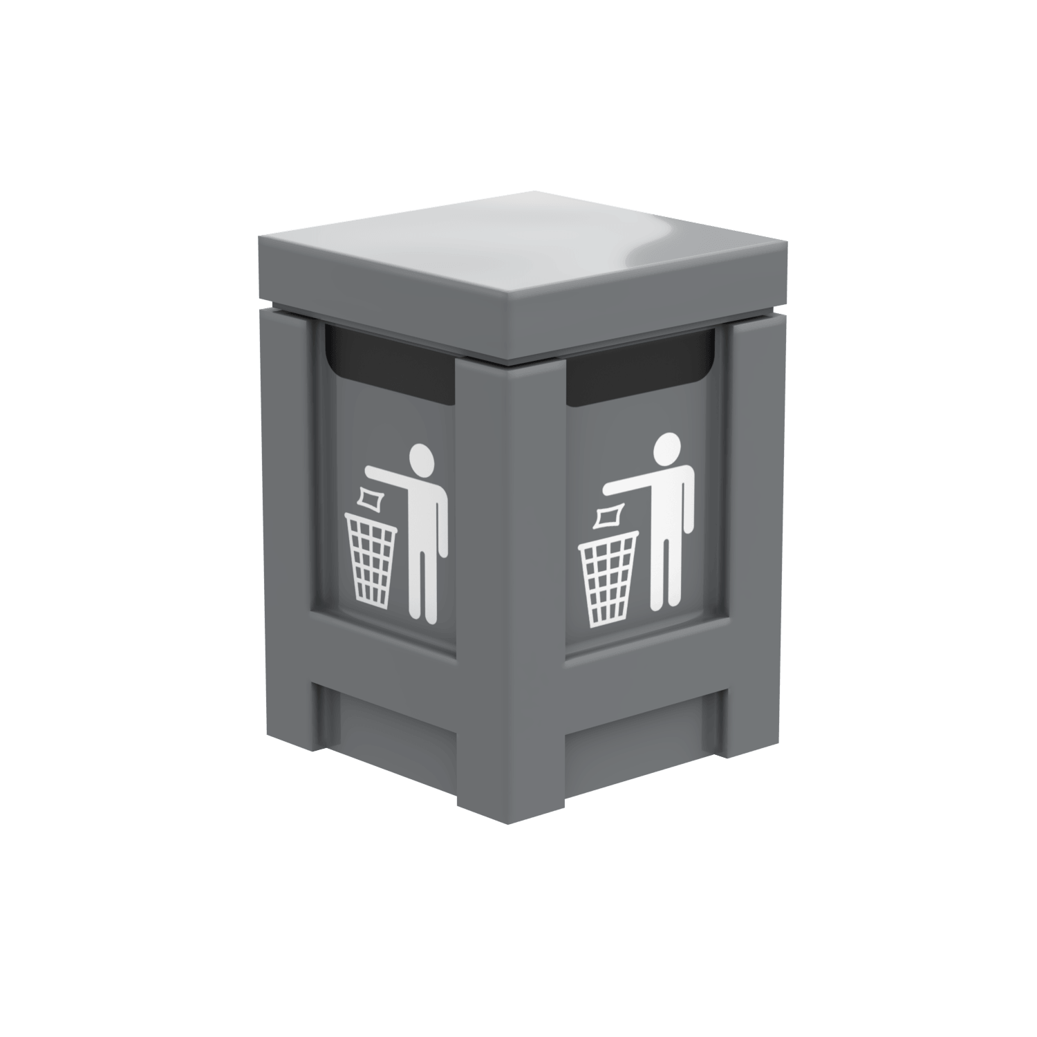 Brick built LEGO MOC of a Grey City Trash Can with drawing of a person placing trash in a trash can printed on each side in white, on a white background.