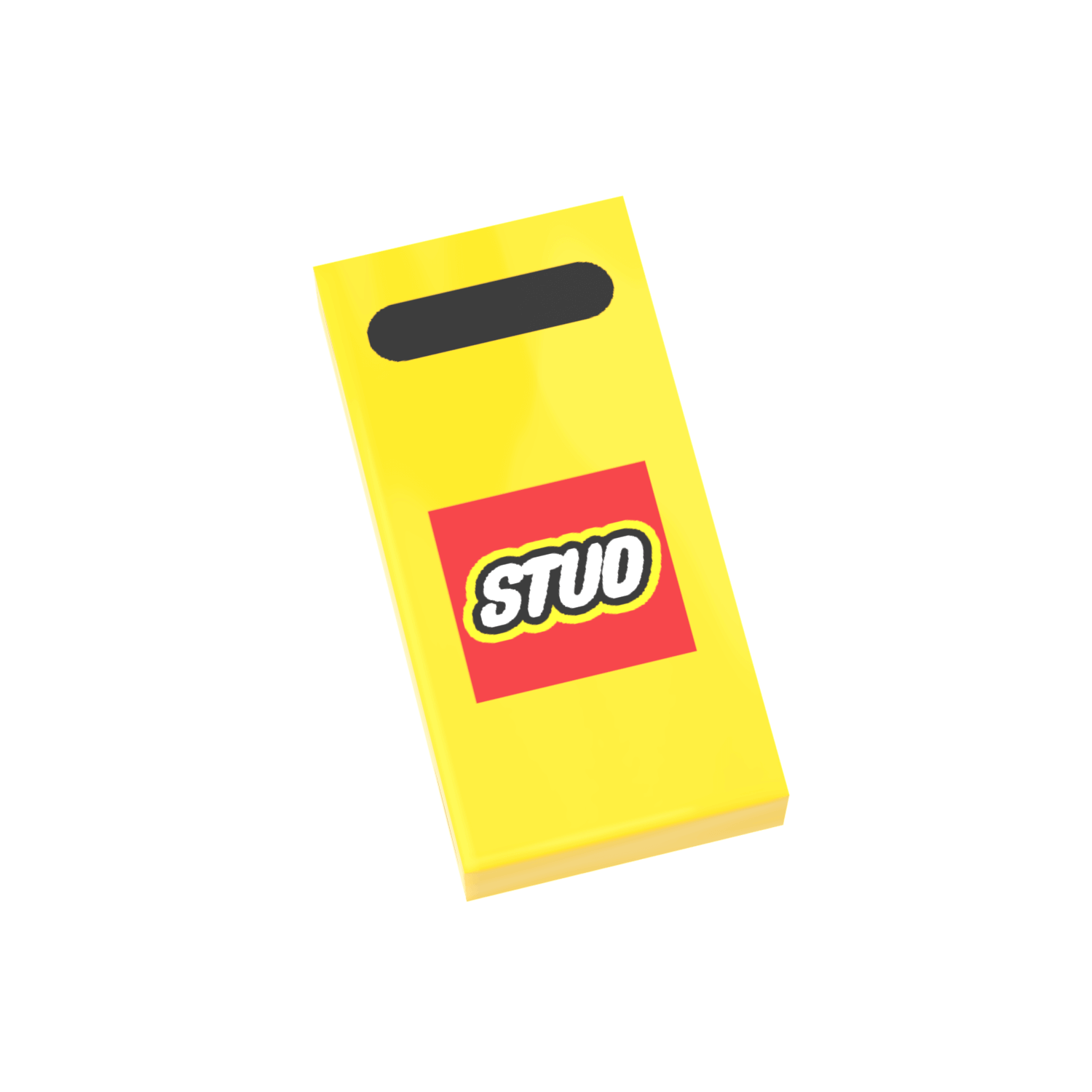 Yellow block with a red square and 'STUD' logo on a black background