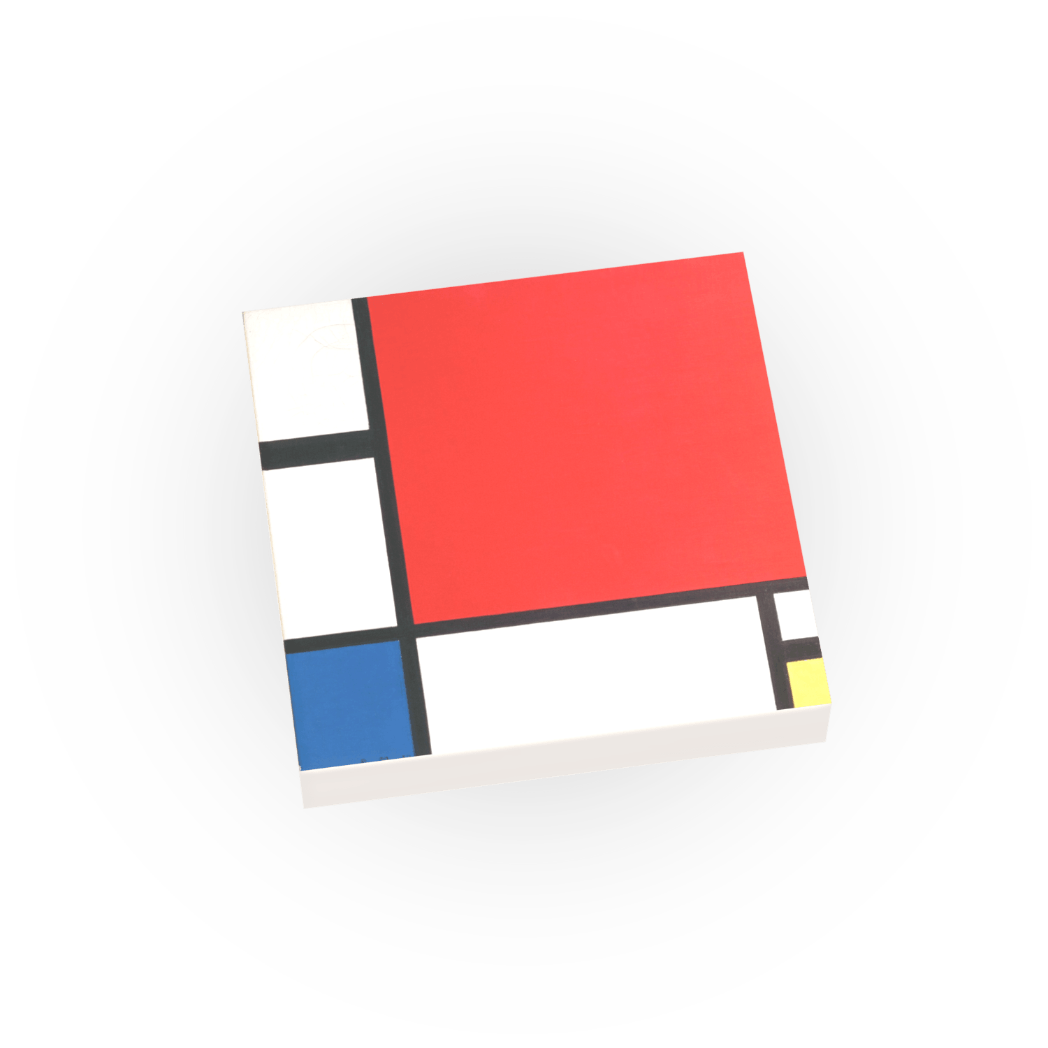 Composition with Red, Blue and Yellow artwork printed on a white LEGO tile, with a white background.