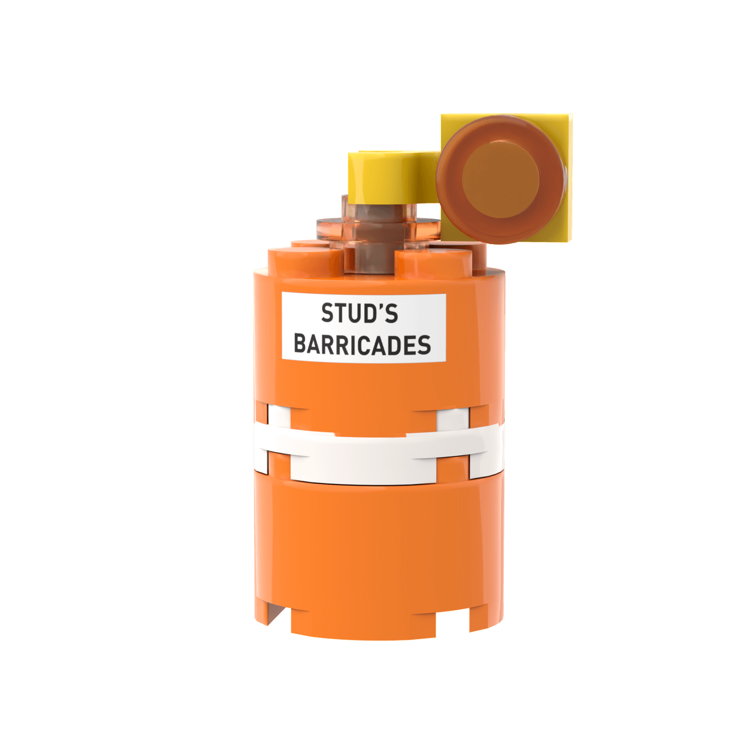 A custom printed orange and white construction cone made using LEGO parts, labeled 'STUD'S BARRICADES'.