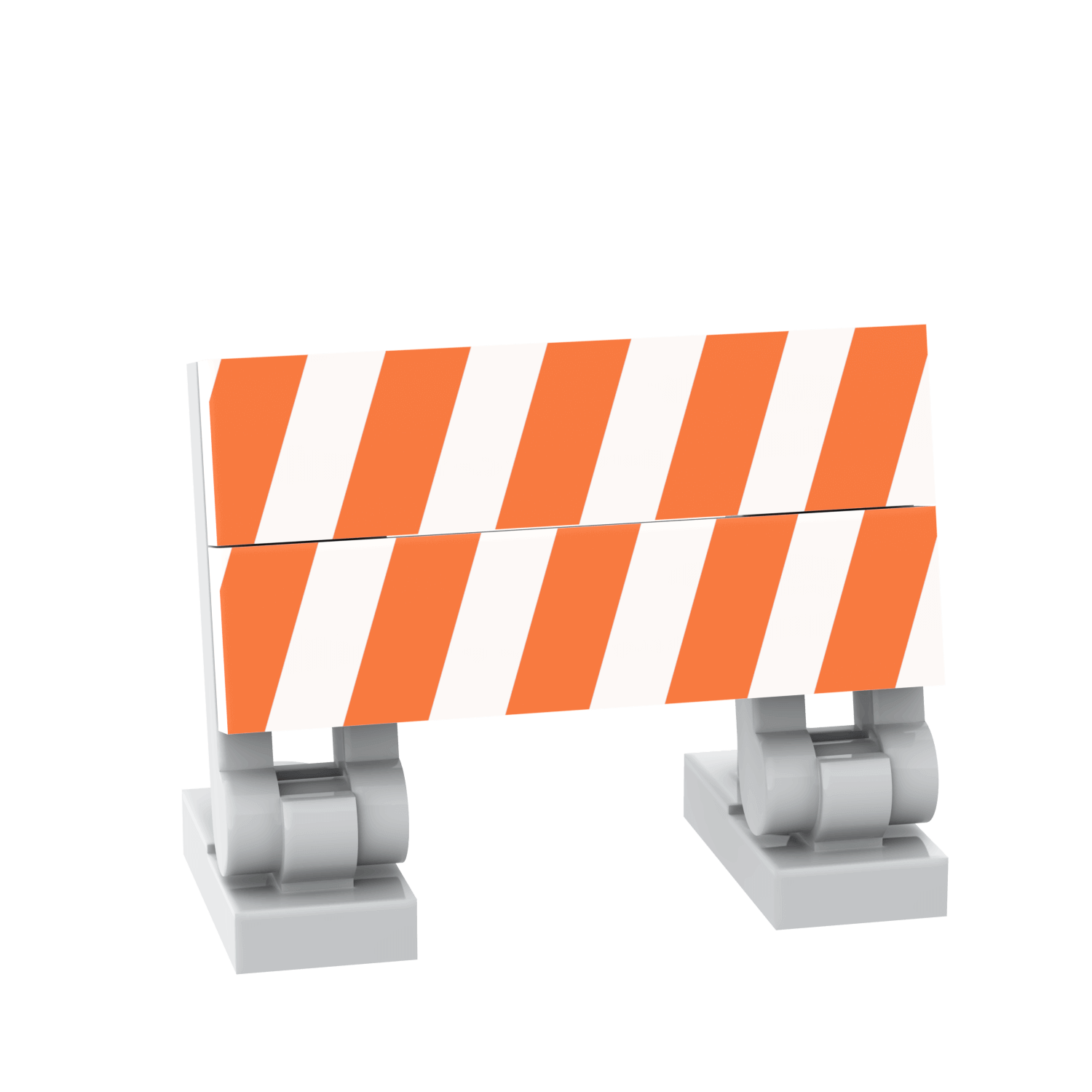 A custom printed construction barrier made using LEGO parts, featuring orange and white stripes.