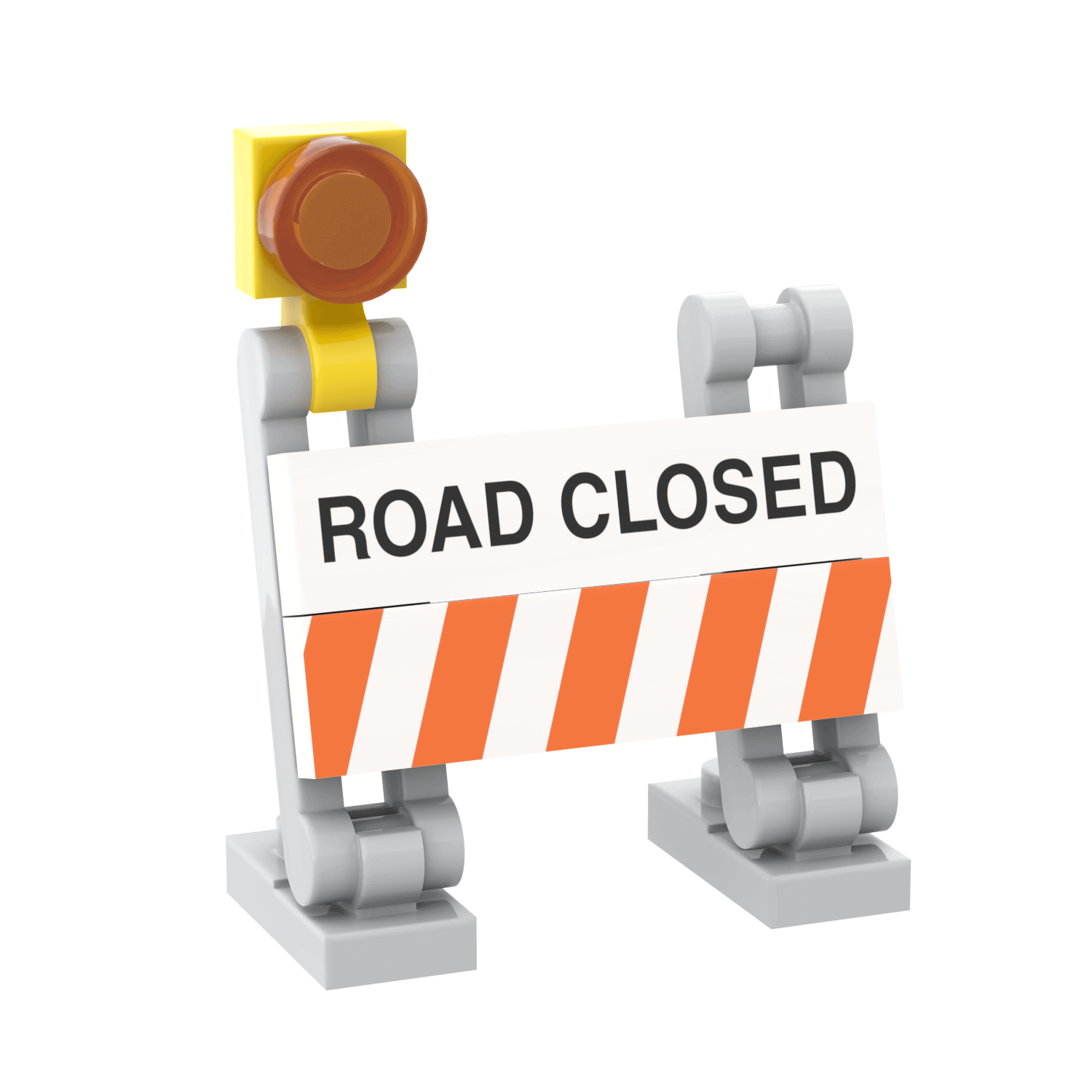 A custom printed construction barrier with a 'ROAD CLOSED' sign on it, made using LEGO parts.
