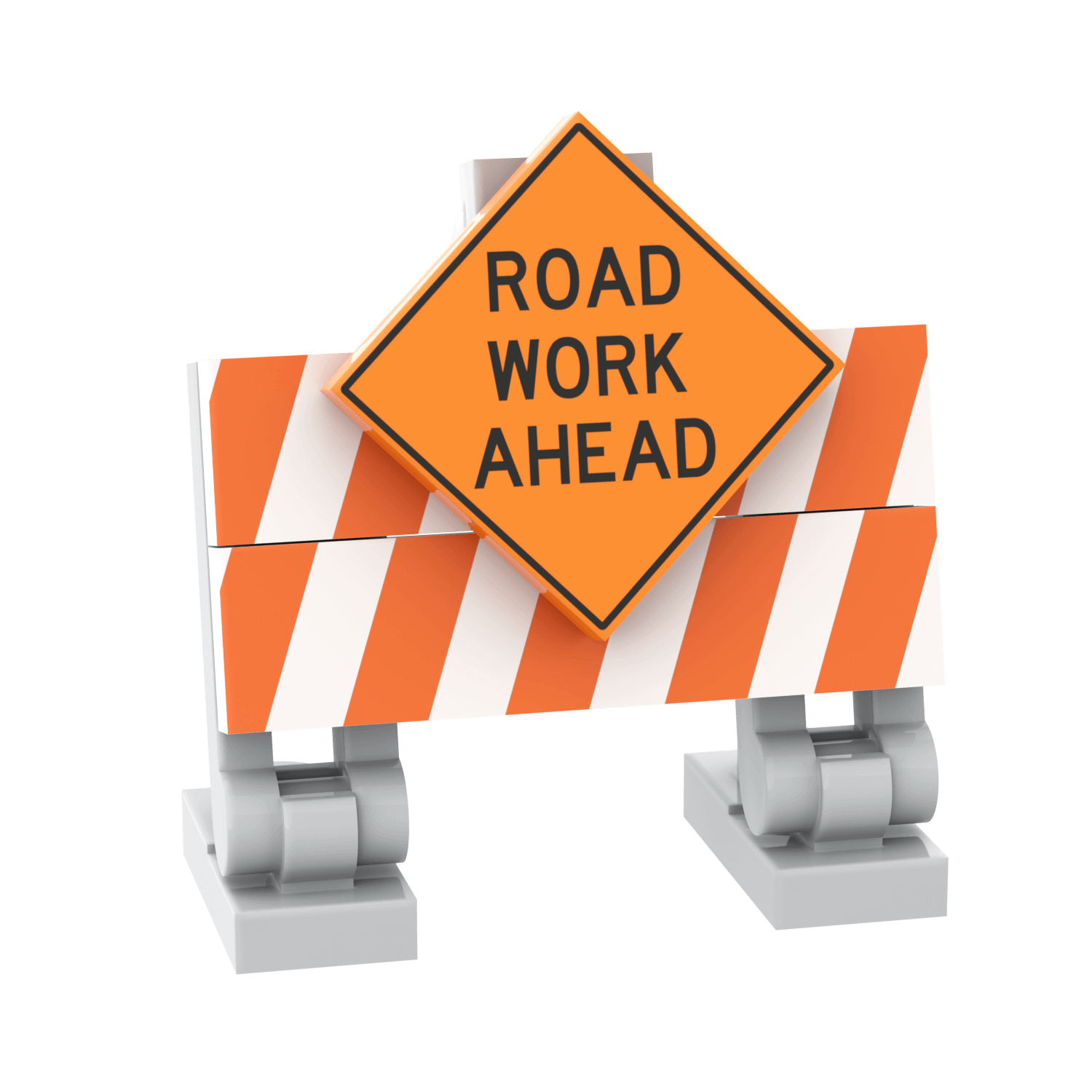 A custom printed construction barrier with 'ROAD WORK AHEAD' sign in orange and white stripes, made using LEGO parts.