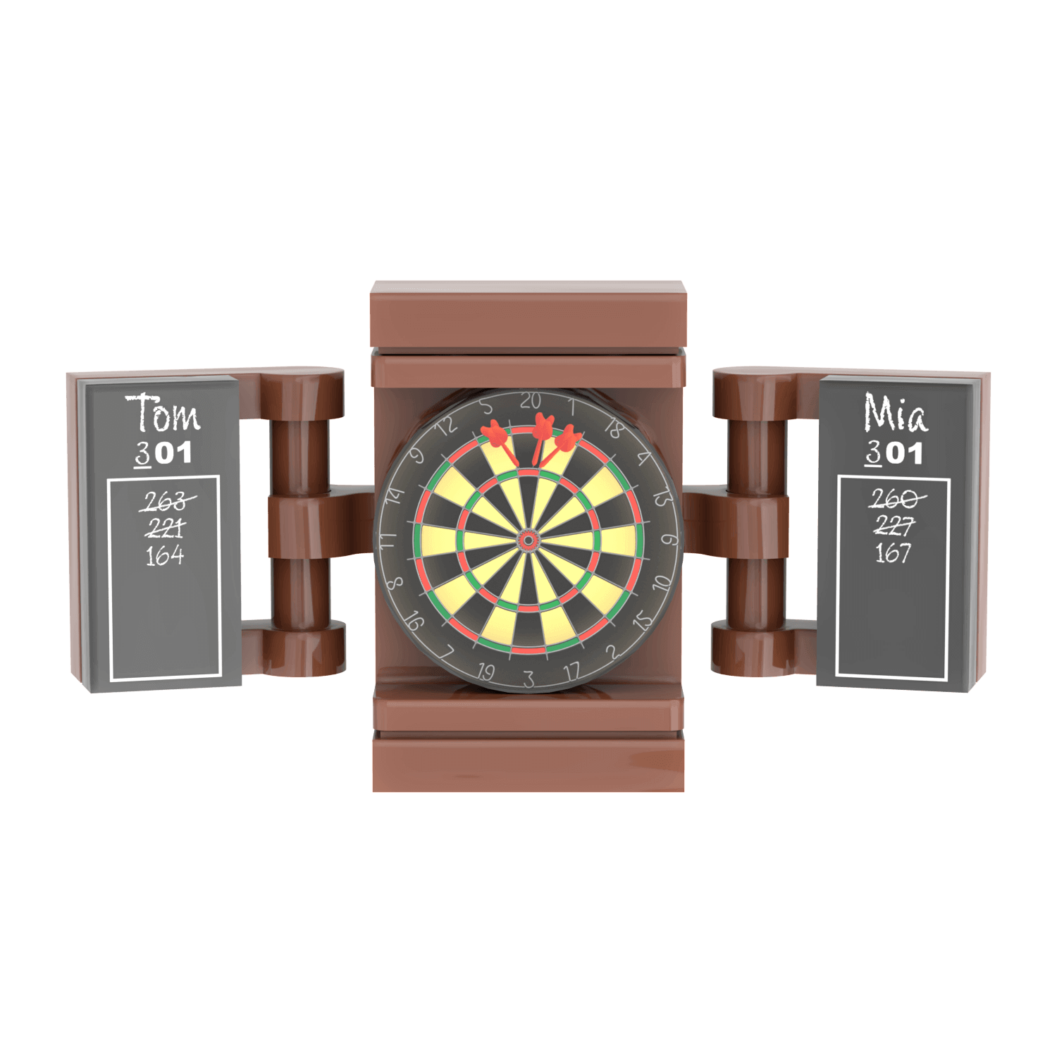 Dartboard with two scoreboards on a white background