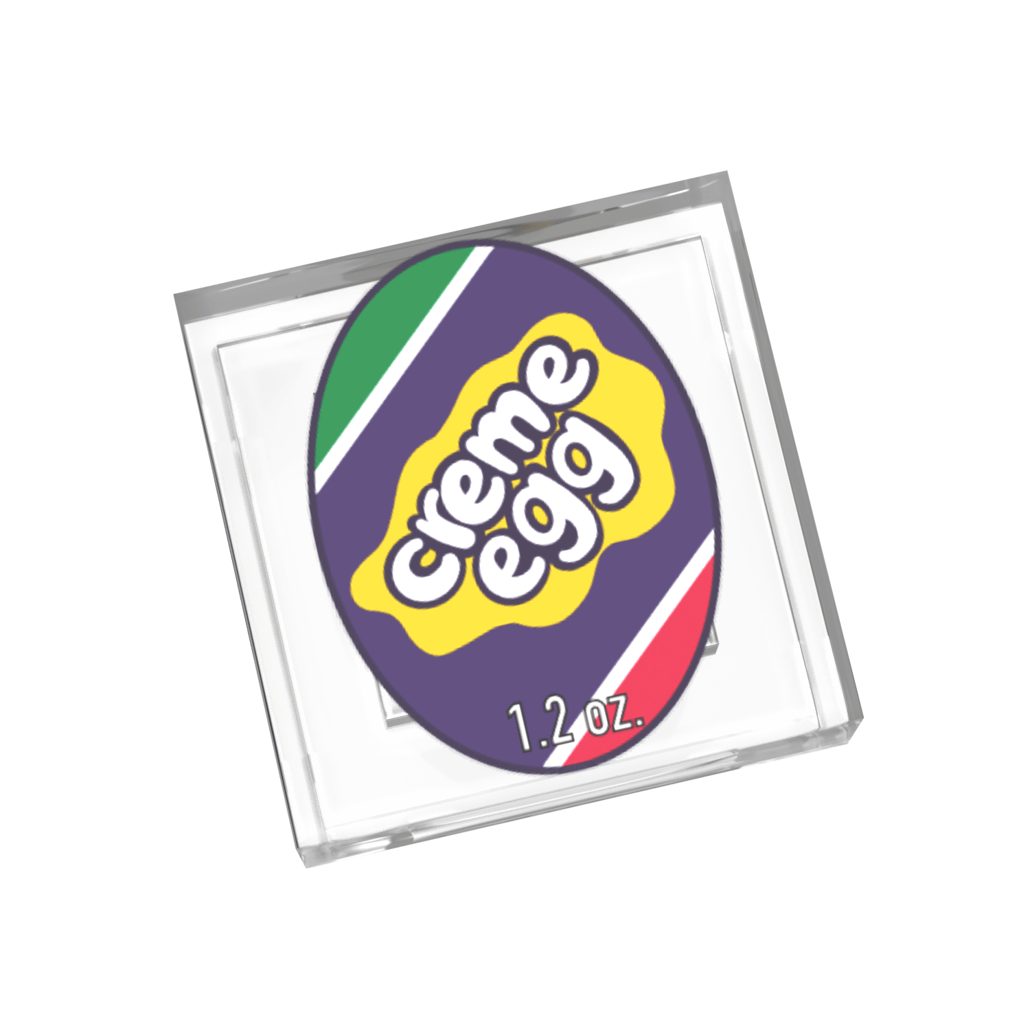 Custom printed 1x1 clear tile with a miniature chocolate creme egg design, featuring colors and text on the label.