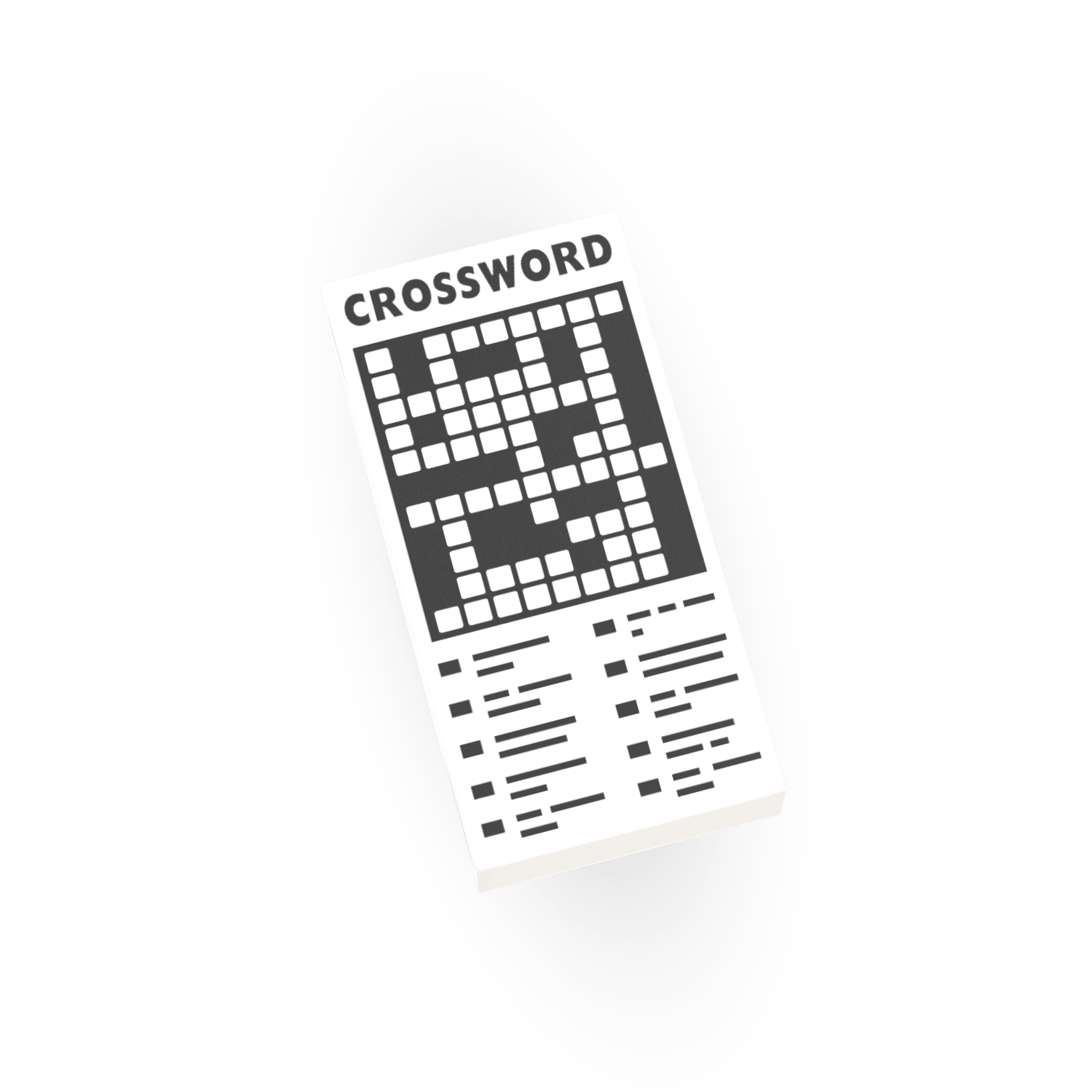 Black and white crossword puzzle with the title crossword and clues on a white LEGO tile, on a white background.