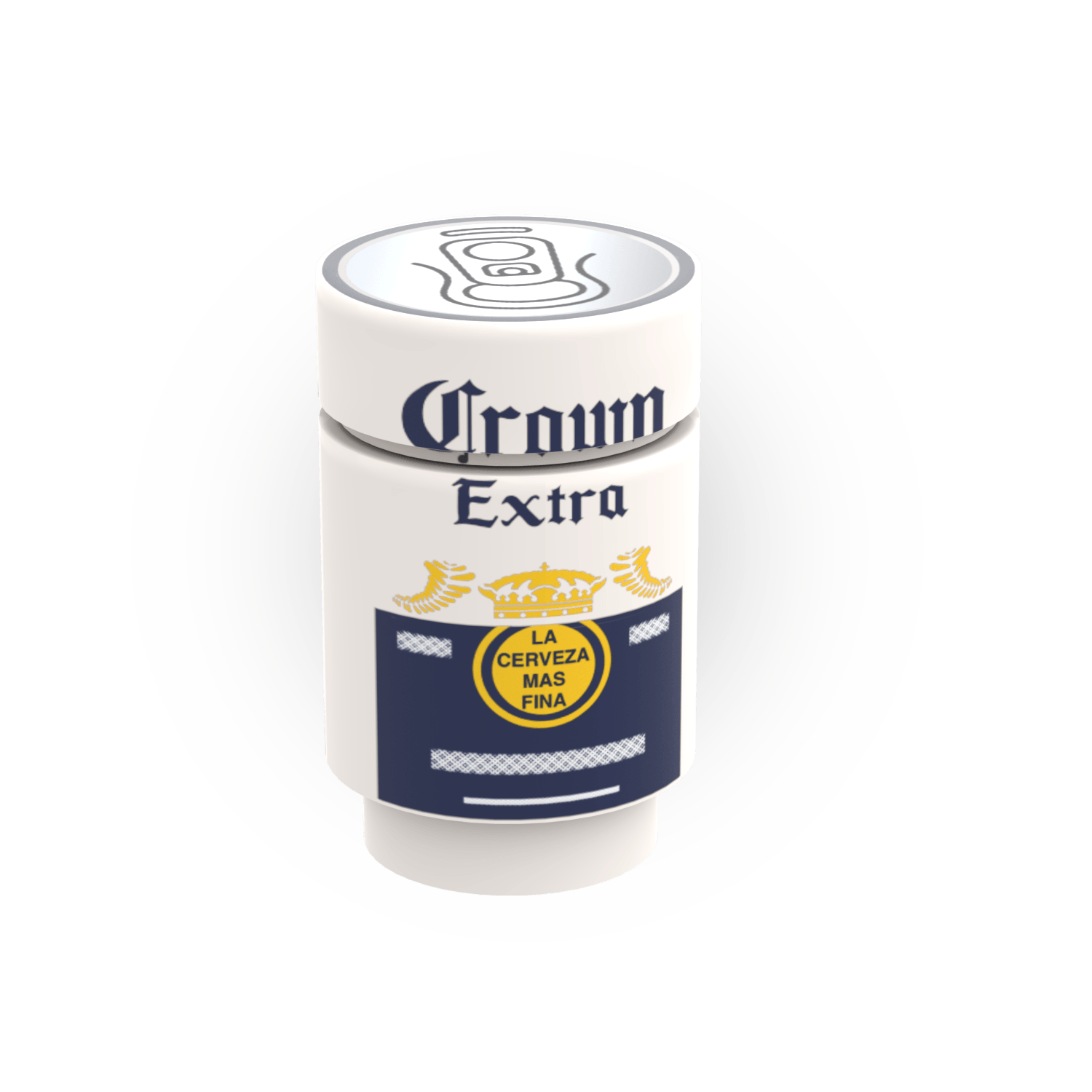 White LEGO round brick made to look like beer custom printed with a pull open can lid and crown extra written on the side in dark blue writing with a white background