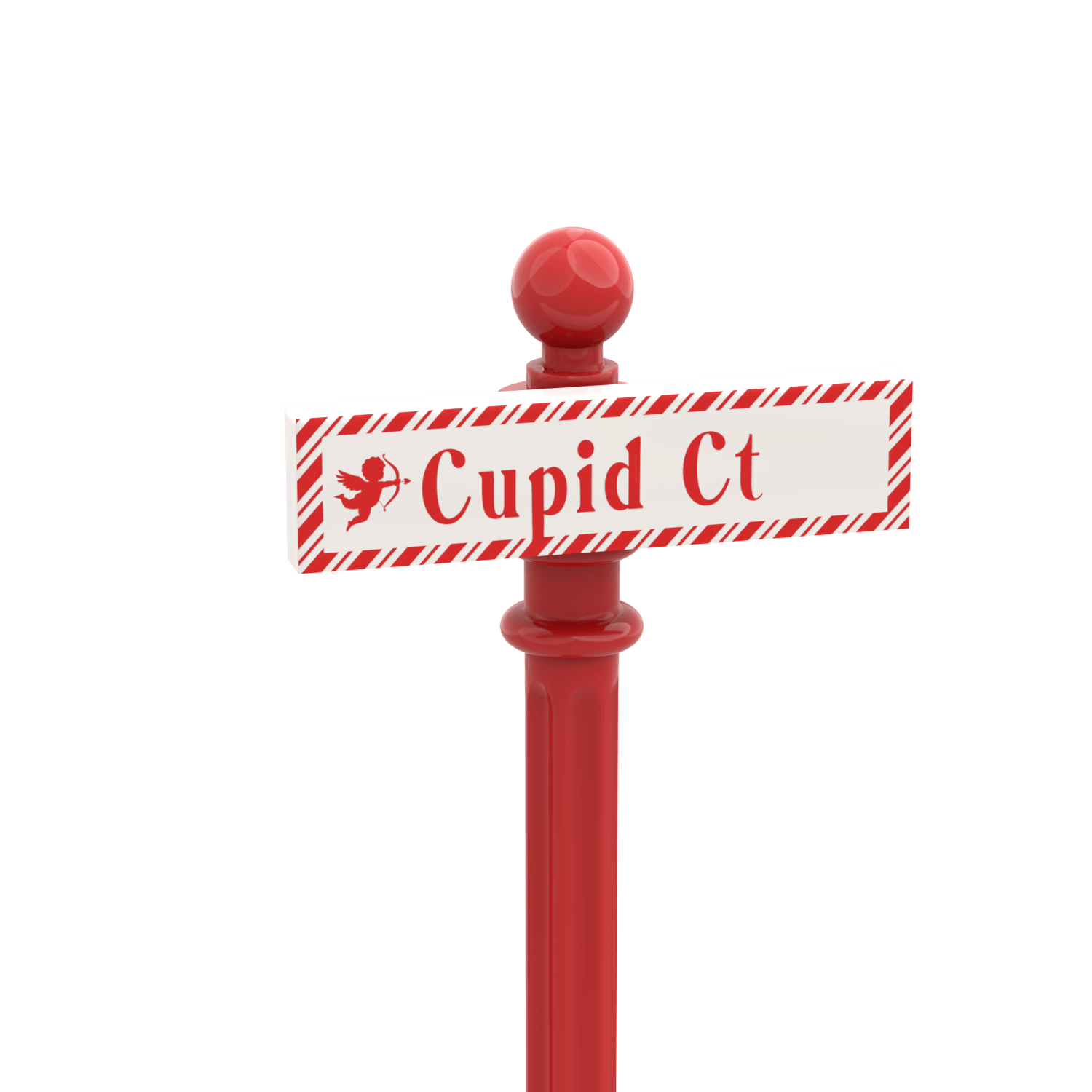 White and red LEGO street sign with Cupid Ct printed on the sign, on a red post.