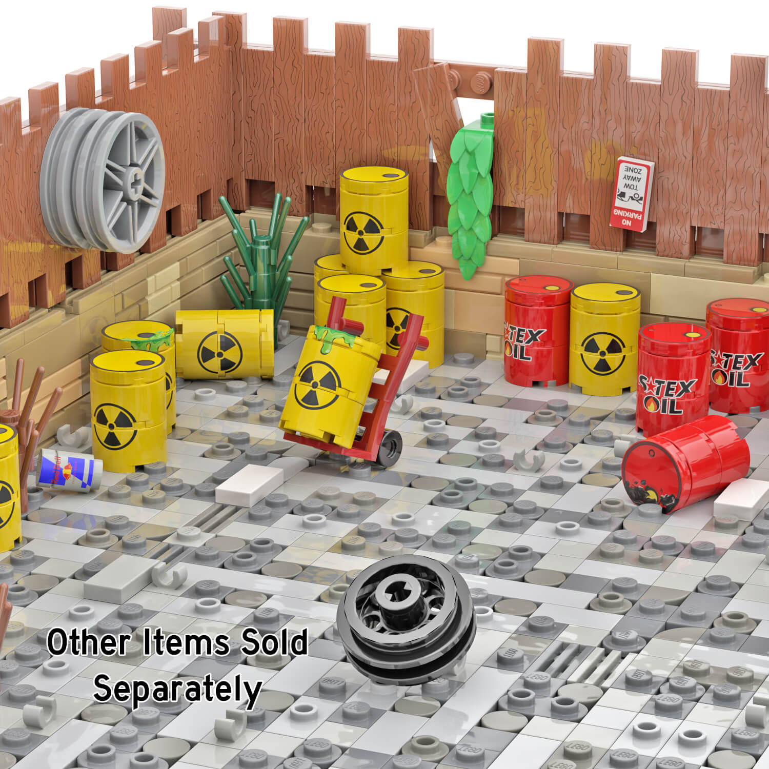 Brick built LEGO® setup with yellow barrels labeled radioactive material and red oil barrels" set in a run down abandonment-ed yard surrounded by a wooden fence, weeds and trash.  
