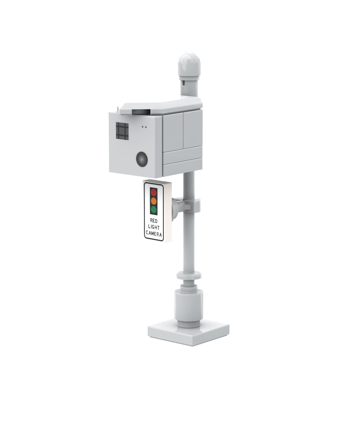 A custom printed LEGO® red light camera with digital display, mounted on a grey base and post.