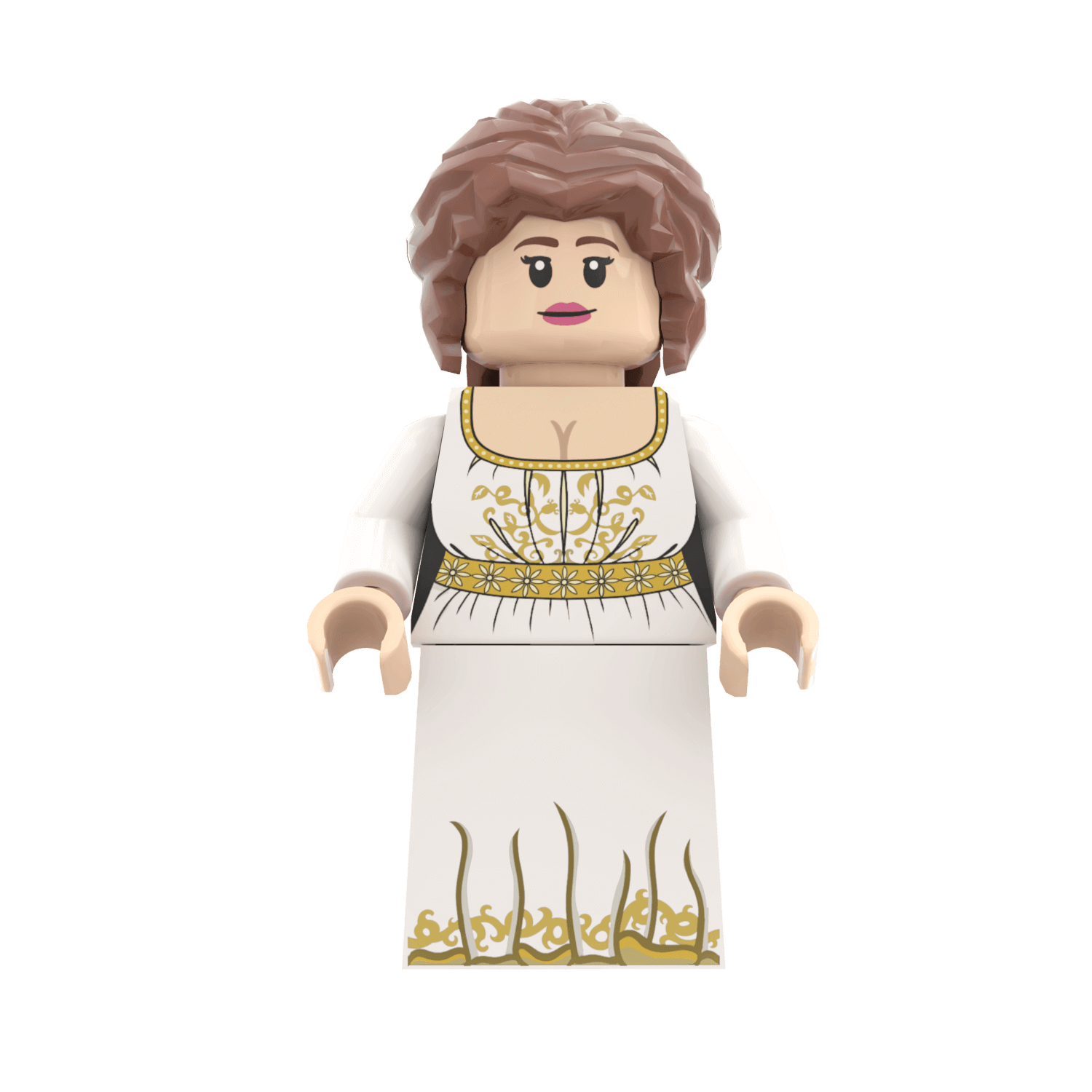 Minifig of a Elizabeth Bennet from Pride and Prejudice in a white dress with gold accents on a black background