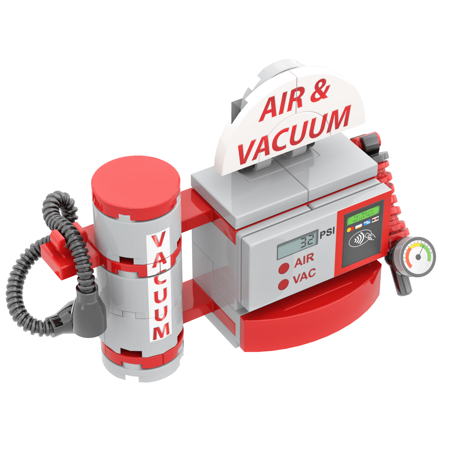 Custom LEGO building set of a car Air and vacuum machine red and grey themed on a white background.