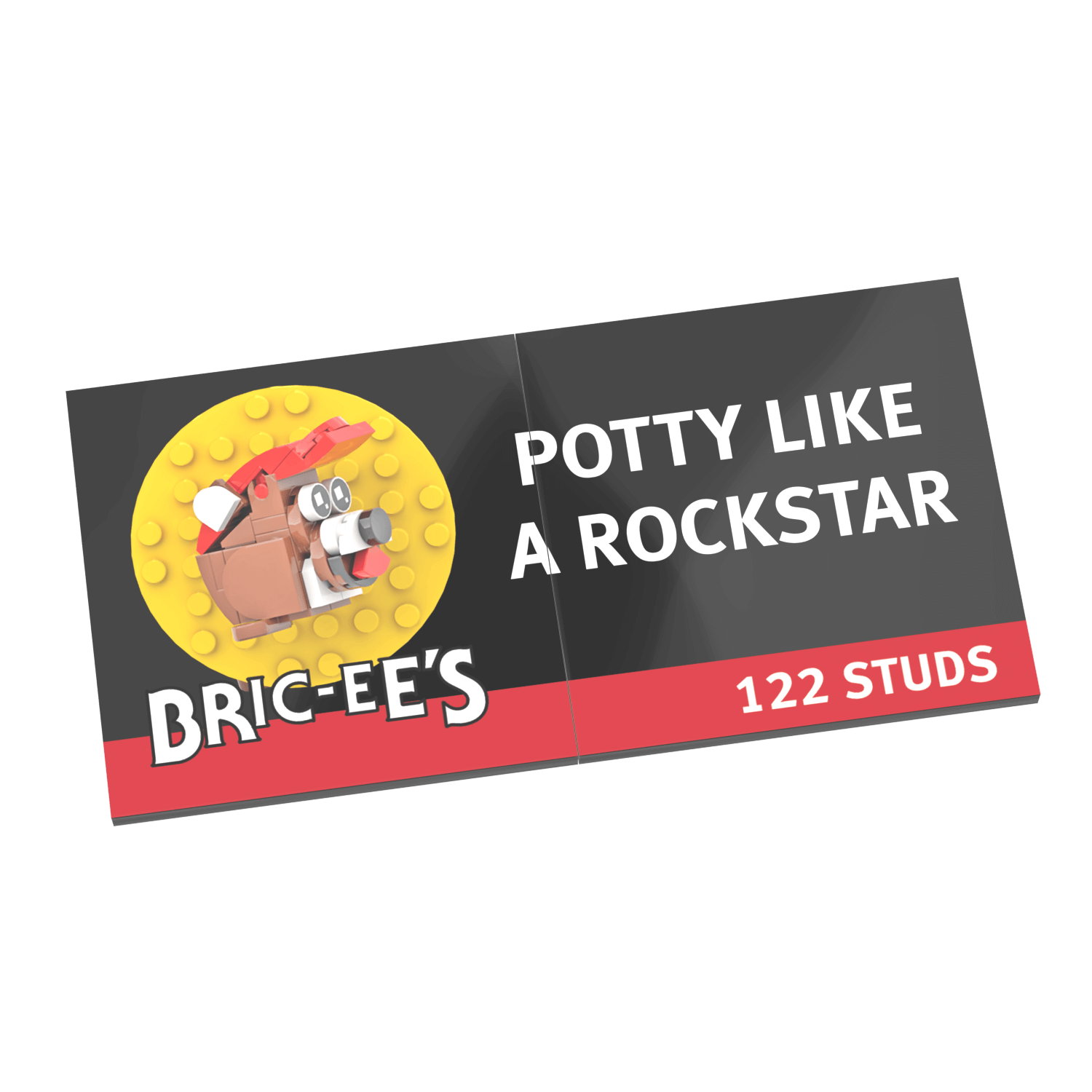 A custom-printed LEGO billboard with a character resembling a beaver, and the text 'POTTY LIKE A ROCKSTAR' along with the number '122 STUDS', as a play on the distance to the next store.