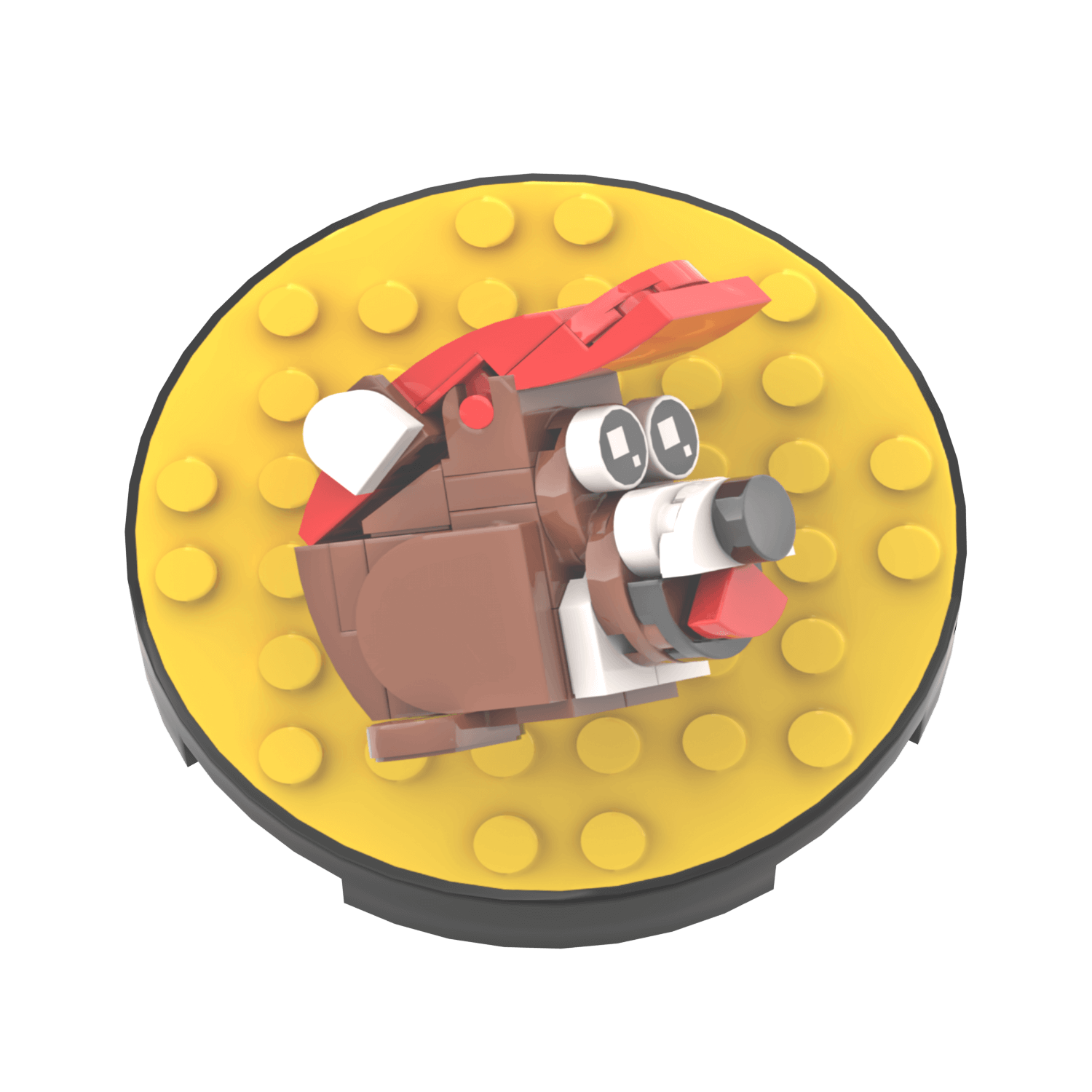 A custom printed logo sign featuring a cartoonish beaver wearing sunglasses, constructed using yellow and brown LEGO parts.