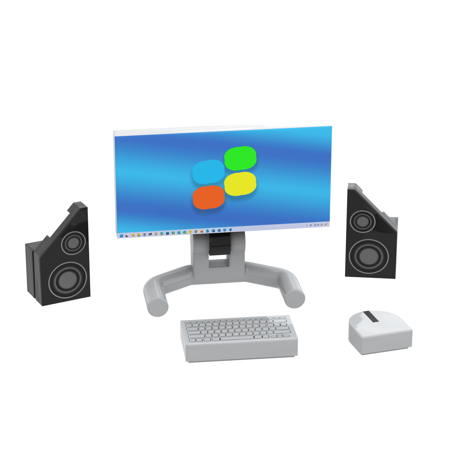 Computer monitor with keyboard, mouse, and speakers on a white background