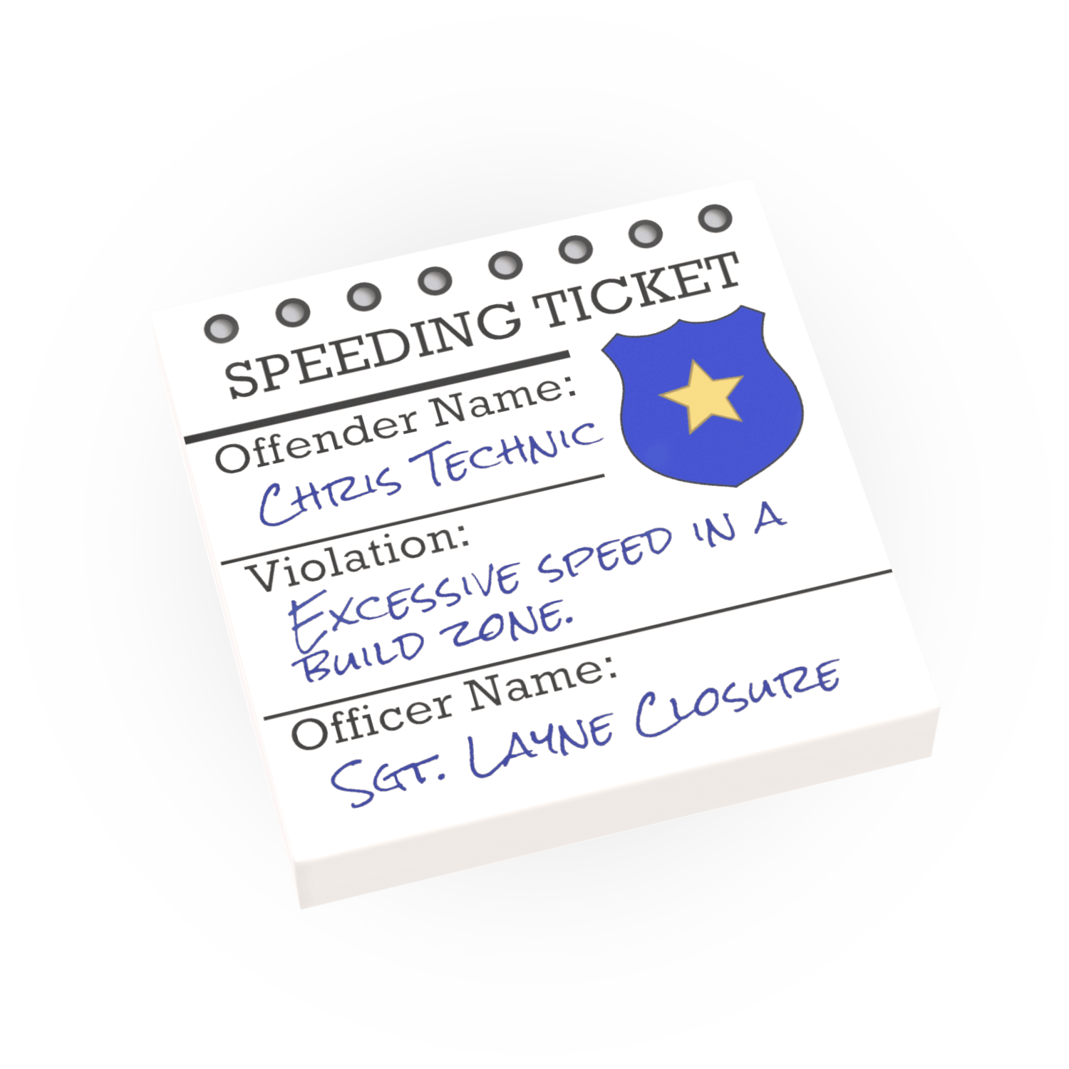 Speeding ticket with a police badge on a white background