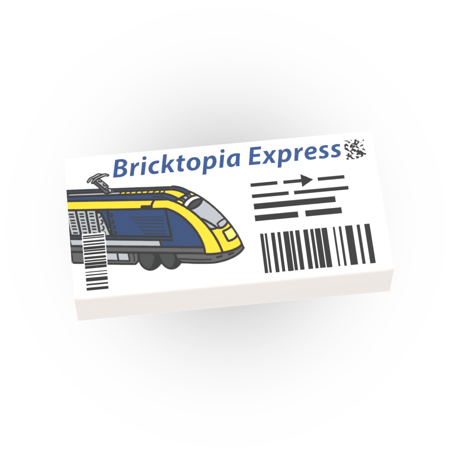 Bricktopia Express ticket with a train illustration on a white background