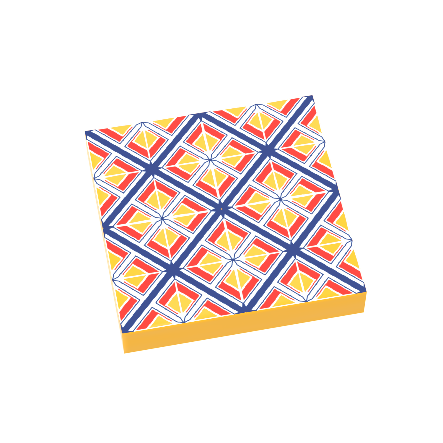 A custom printed LEGO tile with a yellow, red, and blue floral pattern.