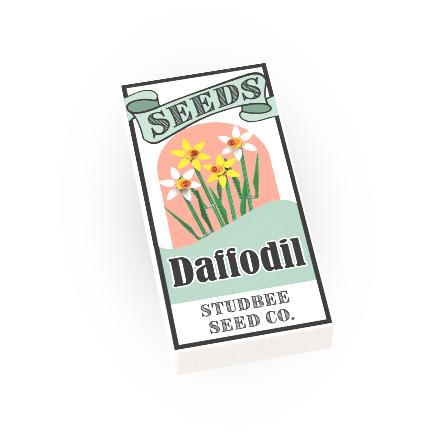 Custom printed LEGO tile with a daffodil seed packet design, featuring flowers and the text 'SEEDS Daffodil STUDBEE SEED CO.'