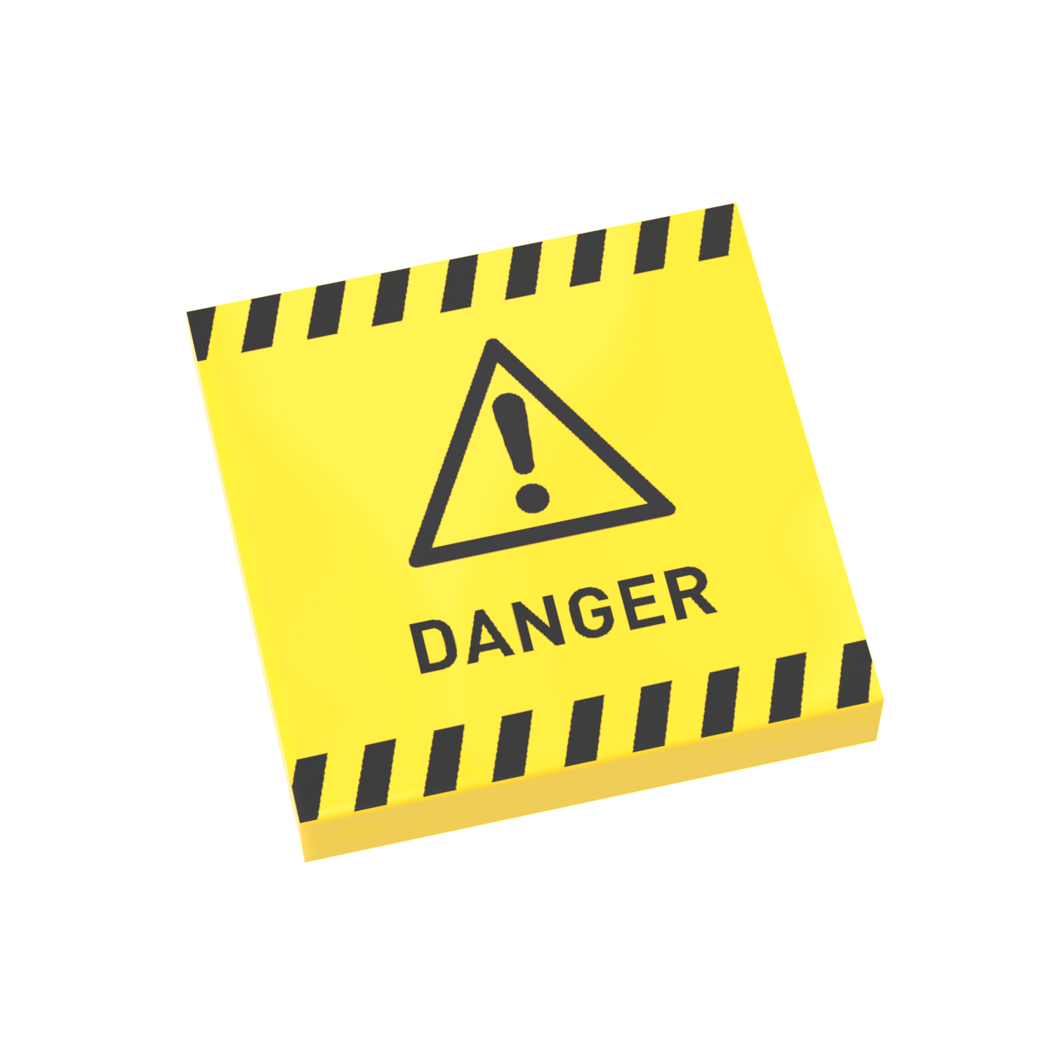 A custom printed yellow 2x2 Lego tile with a black and white striped border and the word 'DANGER' in bold letters at the bottom.