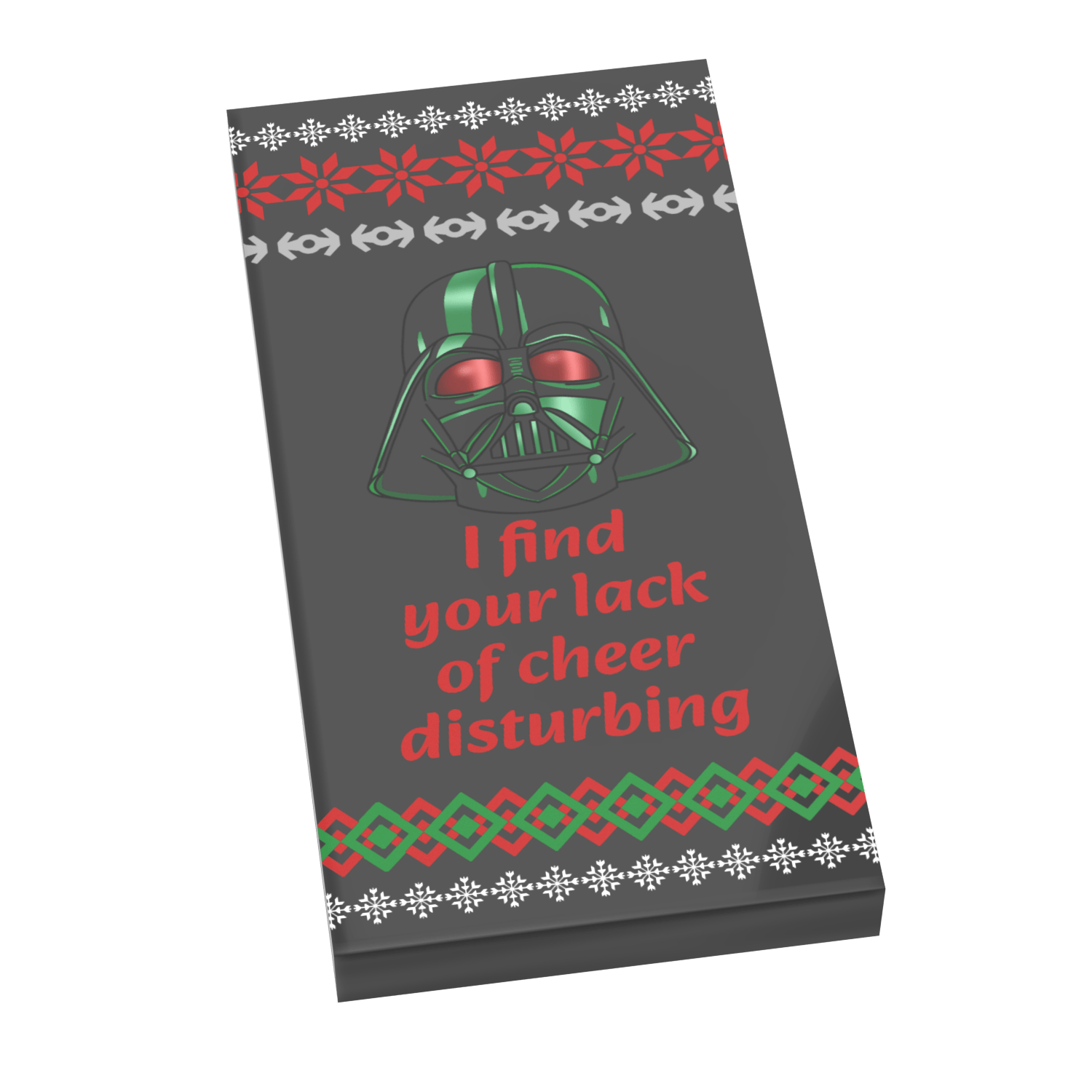 Lord Vader expressing his lack of Christmas cheer with Christmas sweater vibes, on a white background.