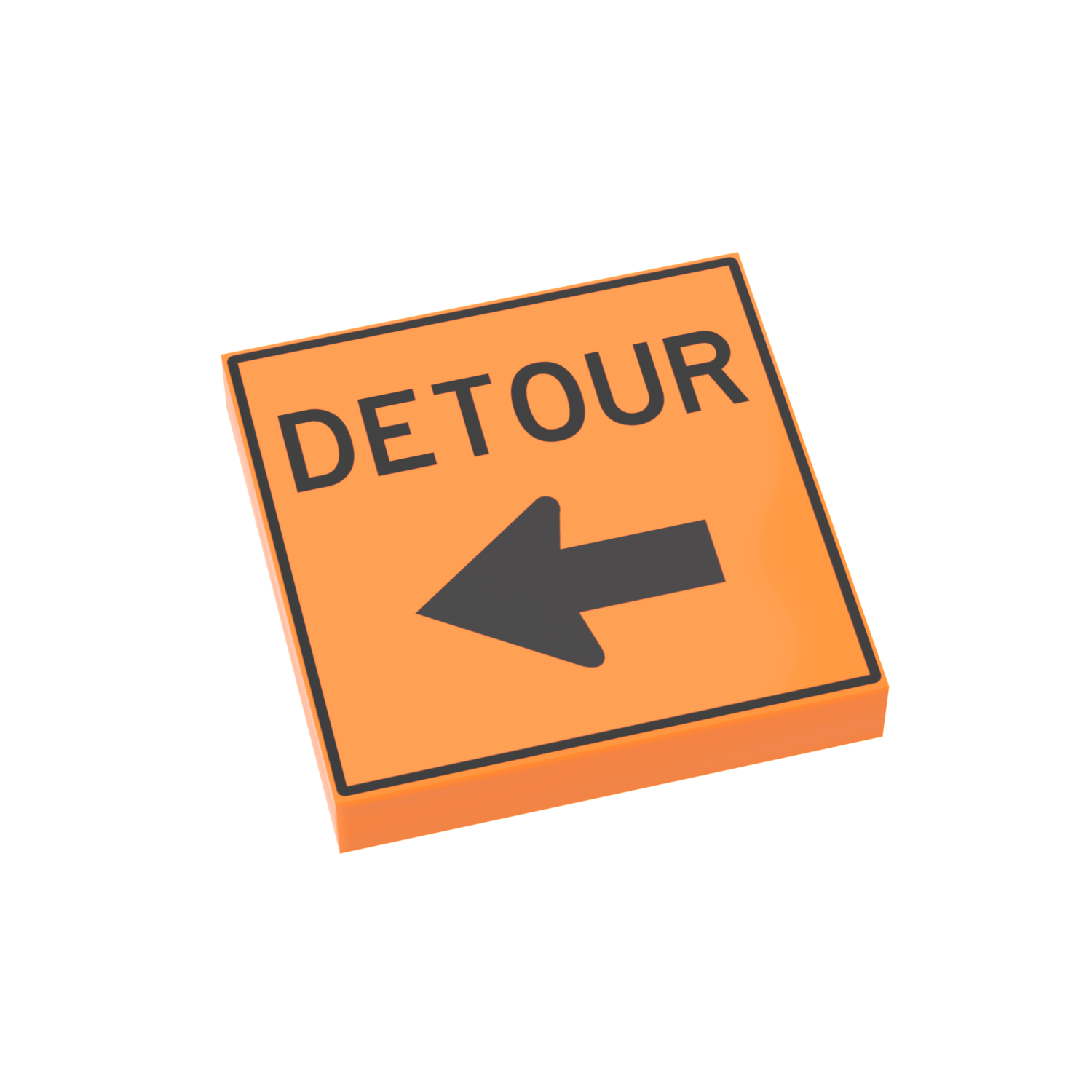 A custom printed LEGO construction sign with 'DETOUR' text and a left-pointing arrow, made of orange and black LEGO parts.