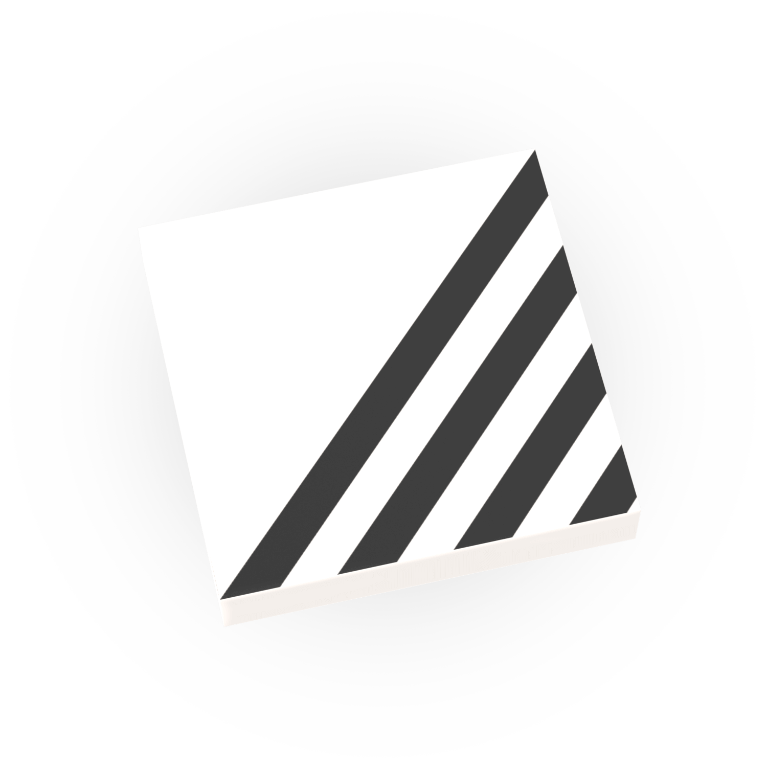 A white 2x2 lego tile with black diagonal stripes on it.