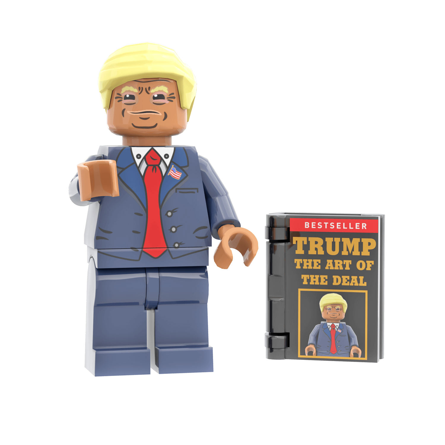 Custom LEGO minifig of President Trump in a suit holding a book titled 'Trump The Art of the Deal' on a white background