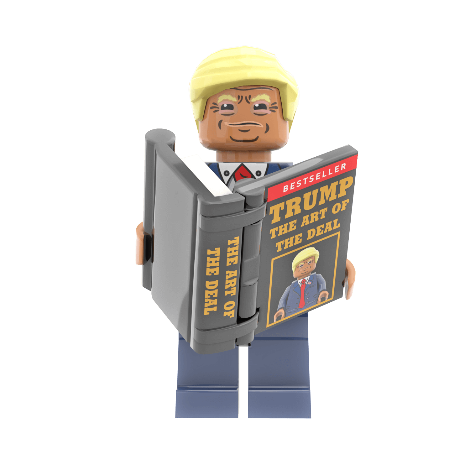 Custom President Trump minifig holding a book titled 'The Art of the Deal' by Donald Trump on a white background
