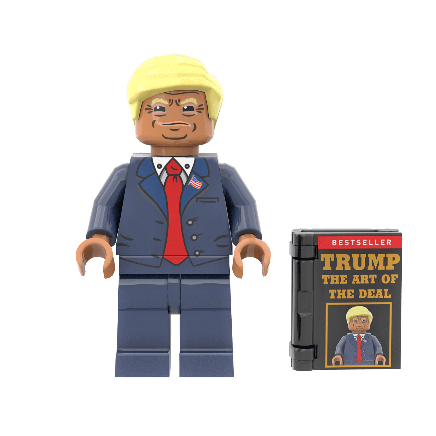 Minifigure representation of Donald Trump in a suit with a book titled 'Trump: The Art of the Deal' on a black background
