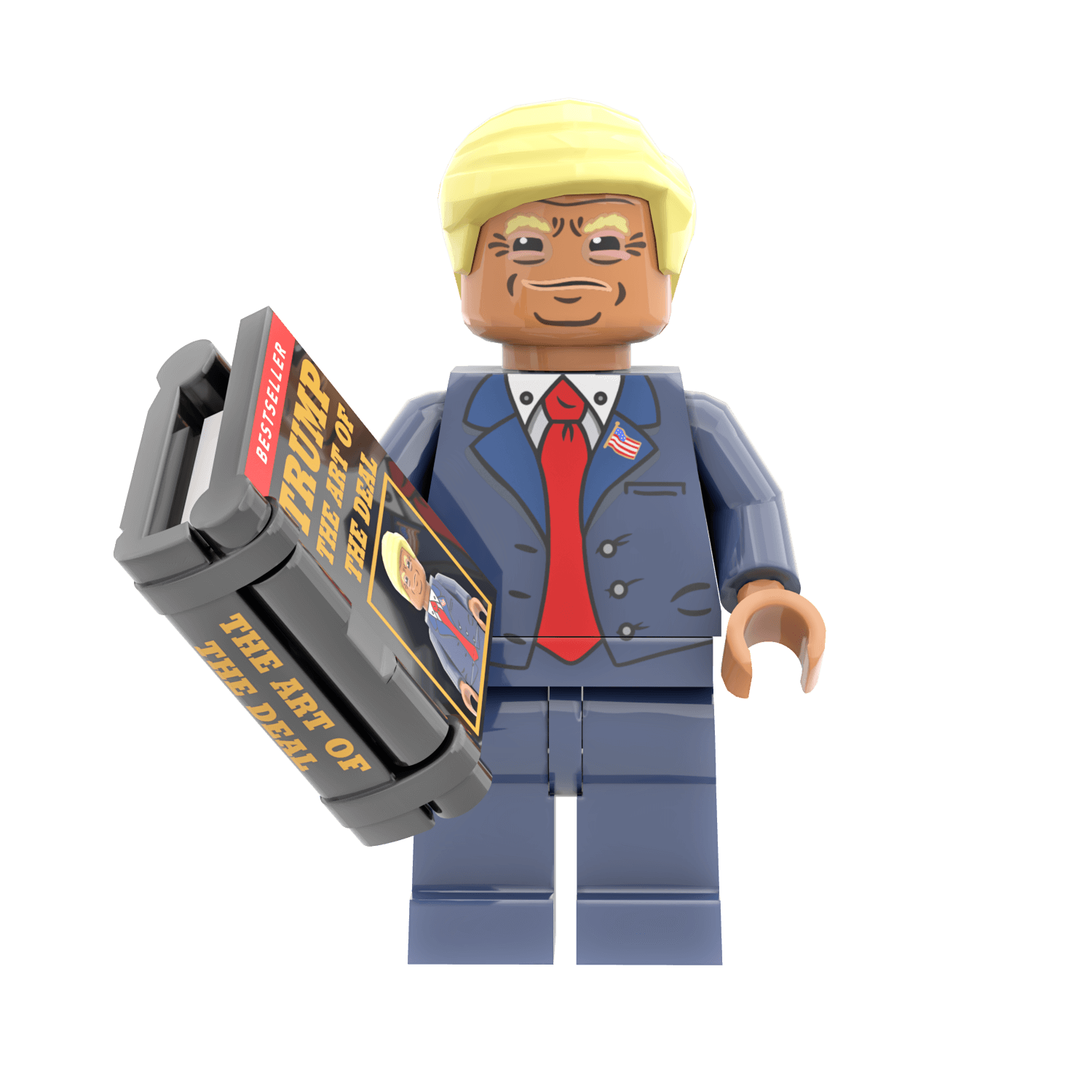 Custom LEGO  minifig of a President Trump in a dark blue suit holding his book titled 'The Art of the Deal' on a white background