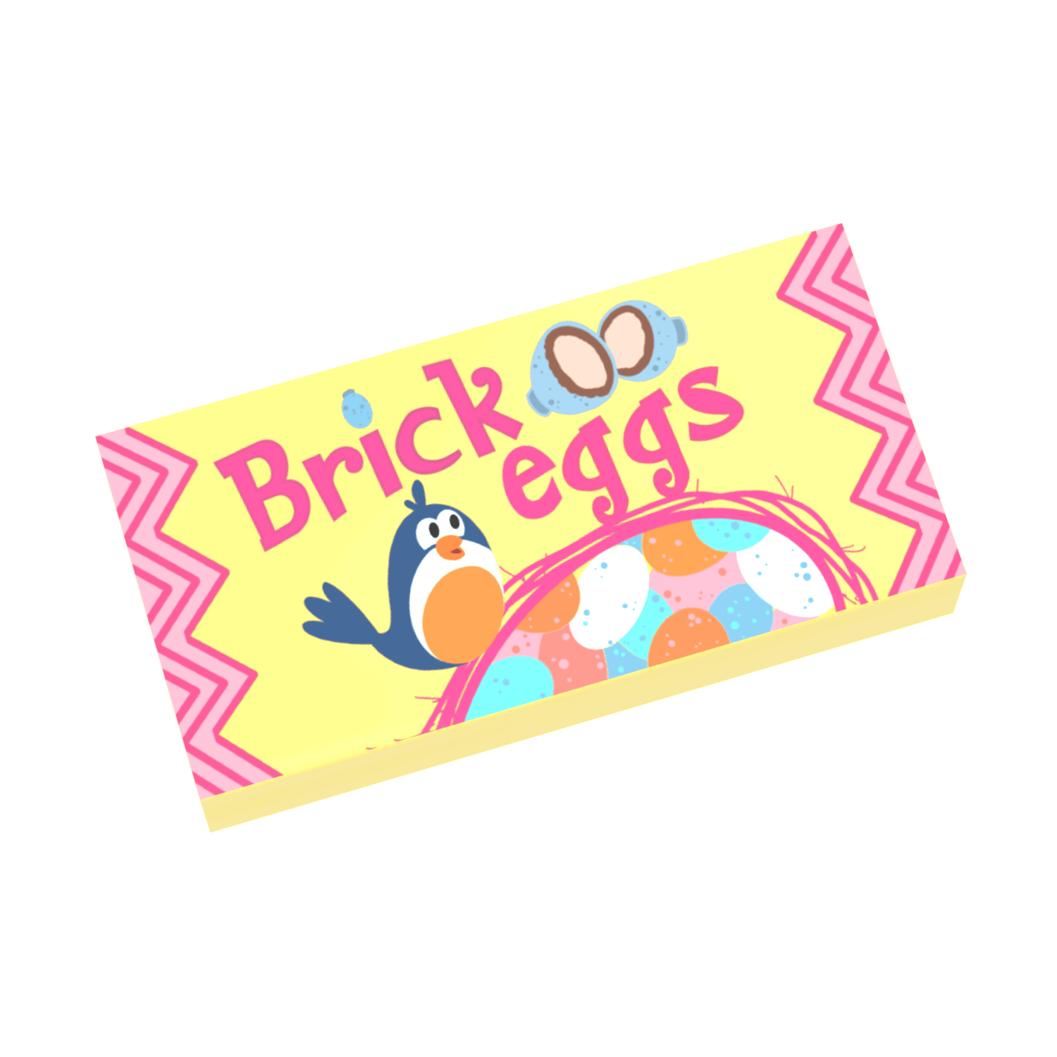 Custom printed 1x2 tile with 'Brick Eggs' text and an illustration of a bird holding an egg, against a yellow and pink patterned background.