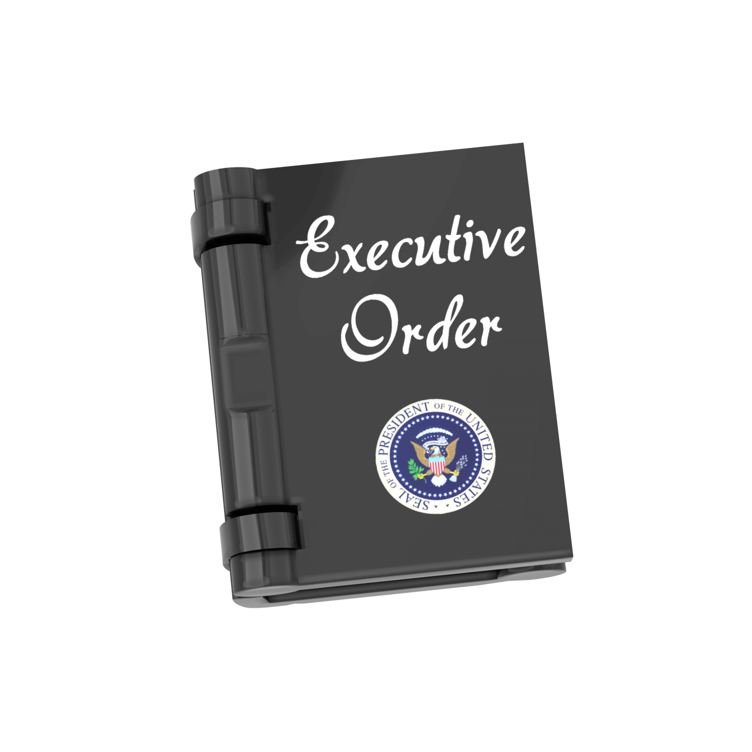 A custom printed tile resembling a presidential 'Executive Order' folder with a signature inside, made using LEGO parts.