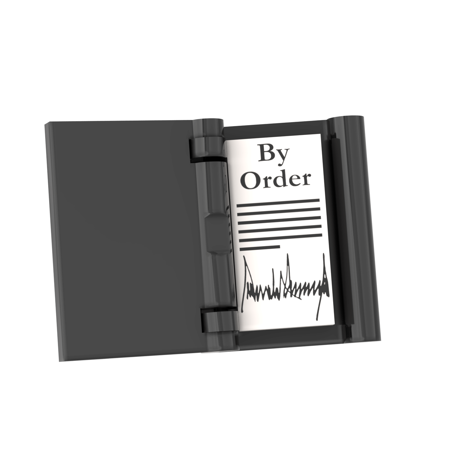 Inside of a custom printed LEGO book, with a presidential executive order signed by President Trump