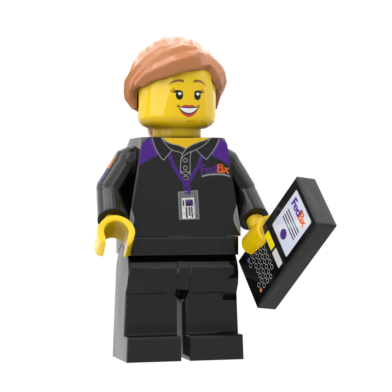 Custom printed LEGO minifigure of a female FedBx delivery driver, with a scanner, wearing a black uniform.