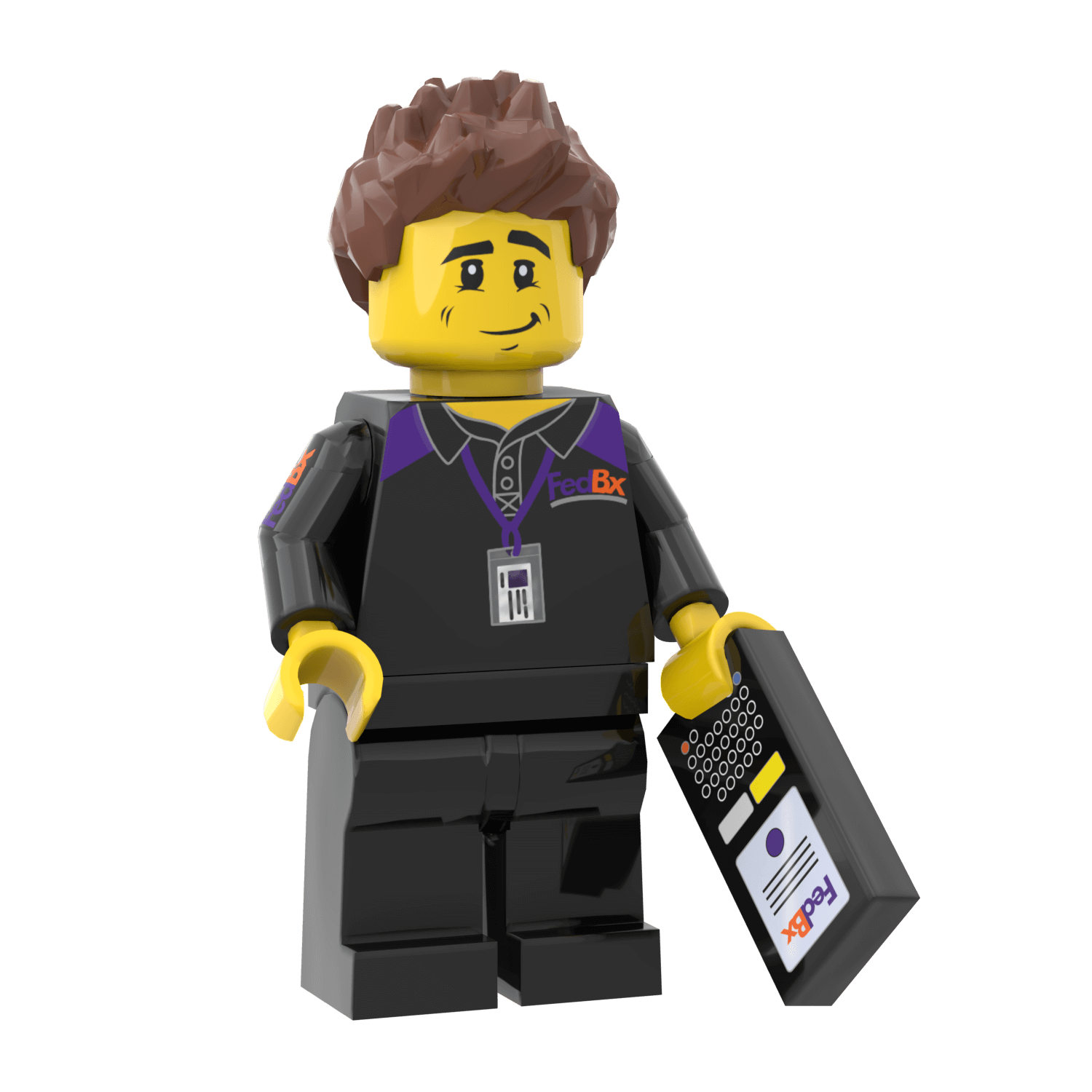 Custom printed minifigure of a male delivery driver with a black outfit and a scanner, featuring custom elements with the FedBx logo.