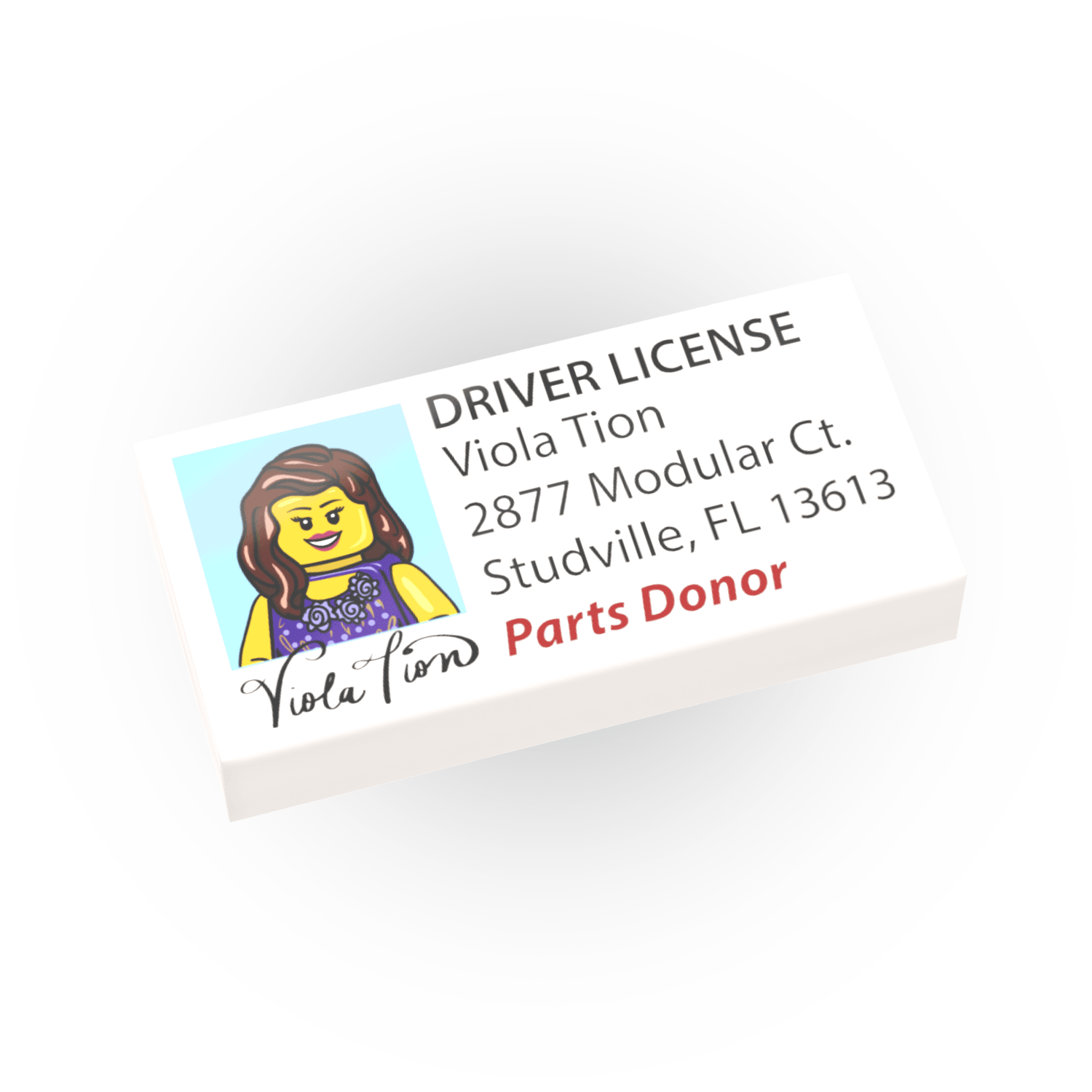 Driver license-style card with a minifig character on a white background