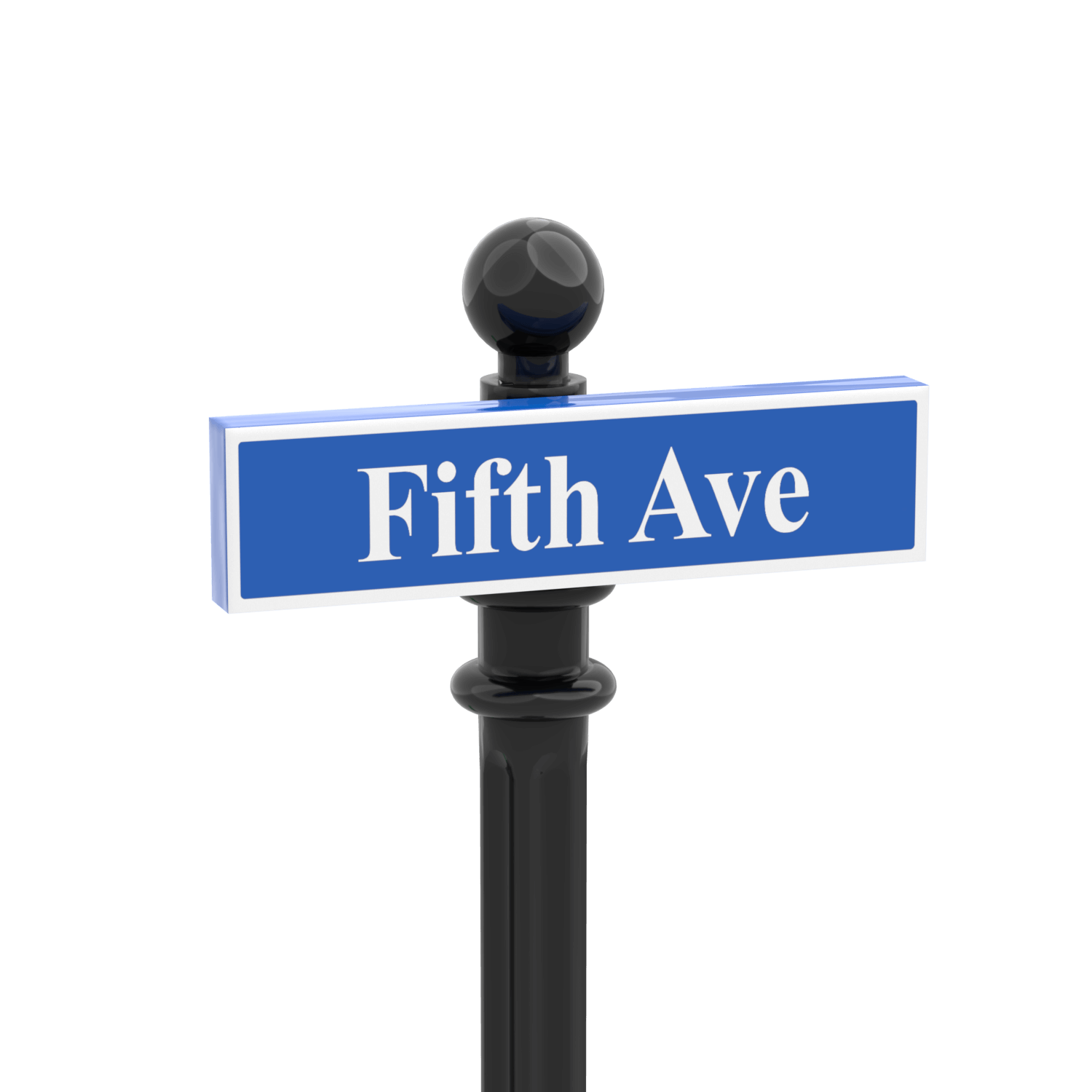 Green LEGO street sign with "Fifth Ave" printed on it with a black post on a white background.