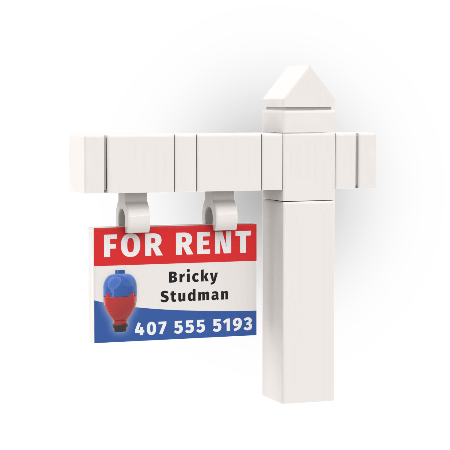 White Sign and Yard Post with a 'For Rent' sign on a white background