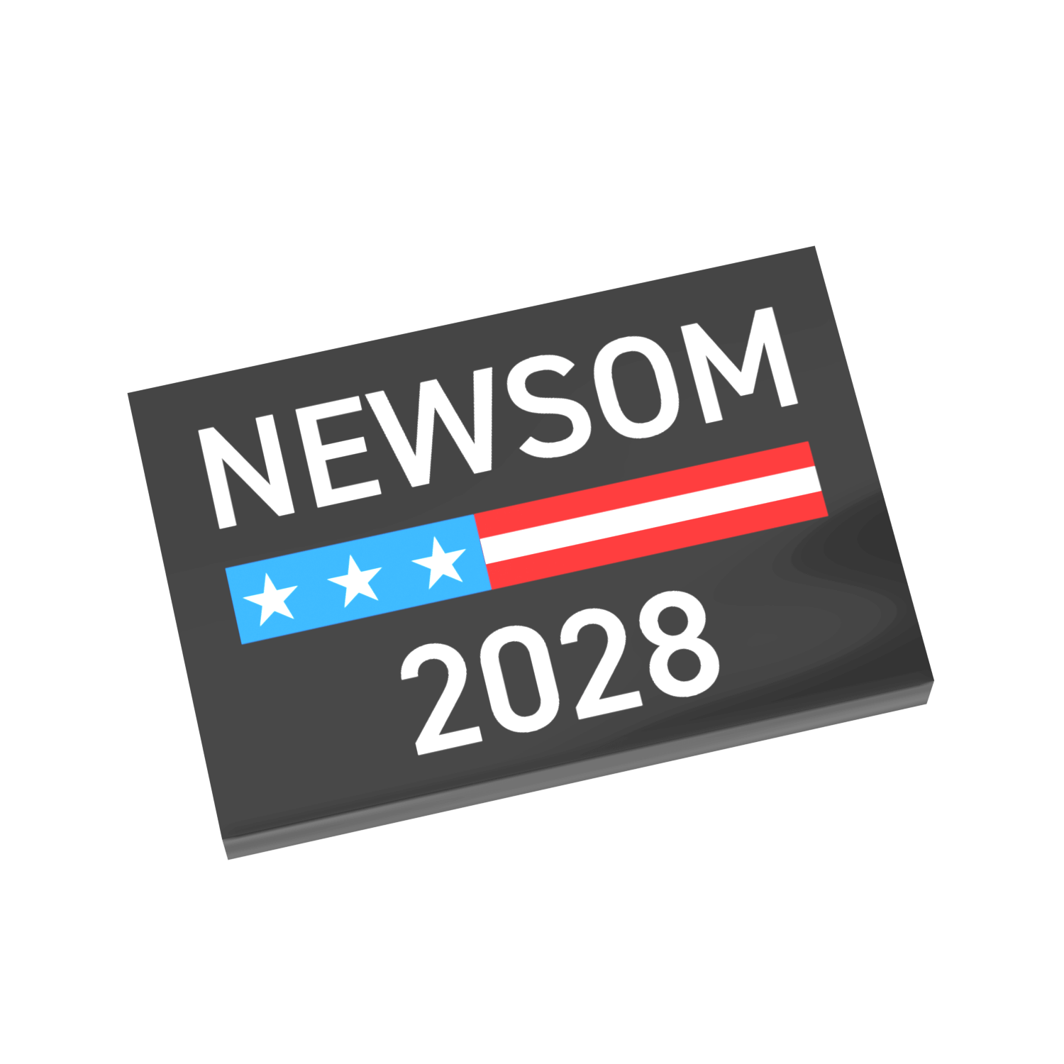 Printed lego tile with 'NEWSOM 2028' text and American flag design on a black background