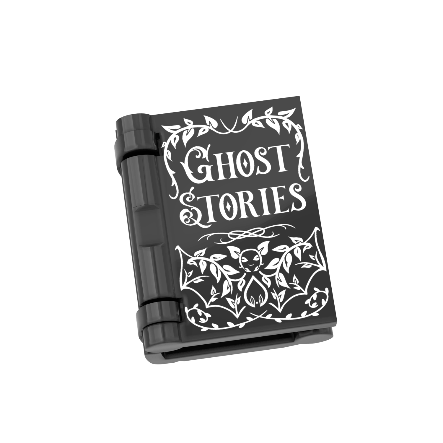 A black minifig scale Ghost Stories book with drawings of white whimsical bats, on a white background