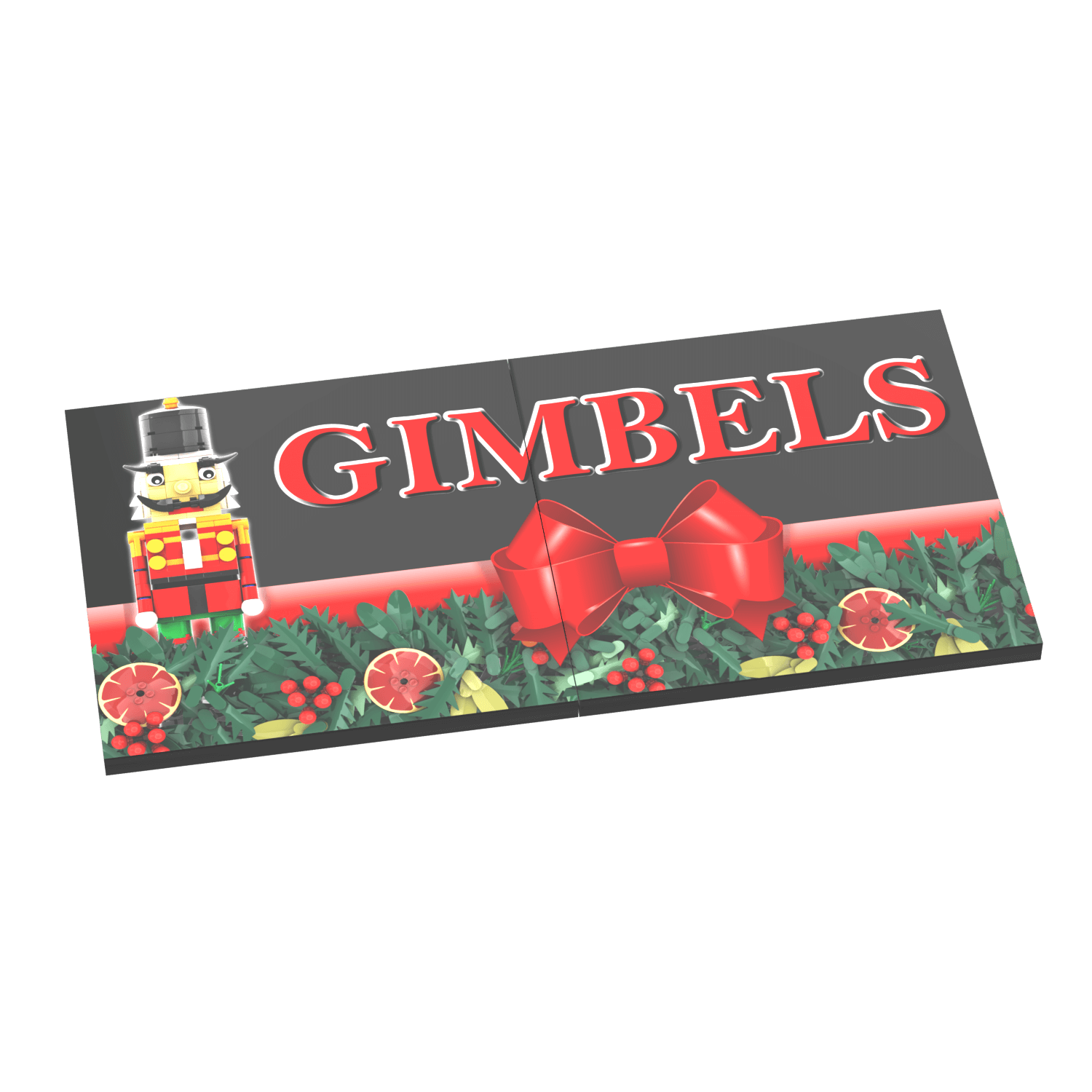 Gimbels logo with Christmas-themed design on a black billboard made from lego 