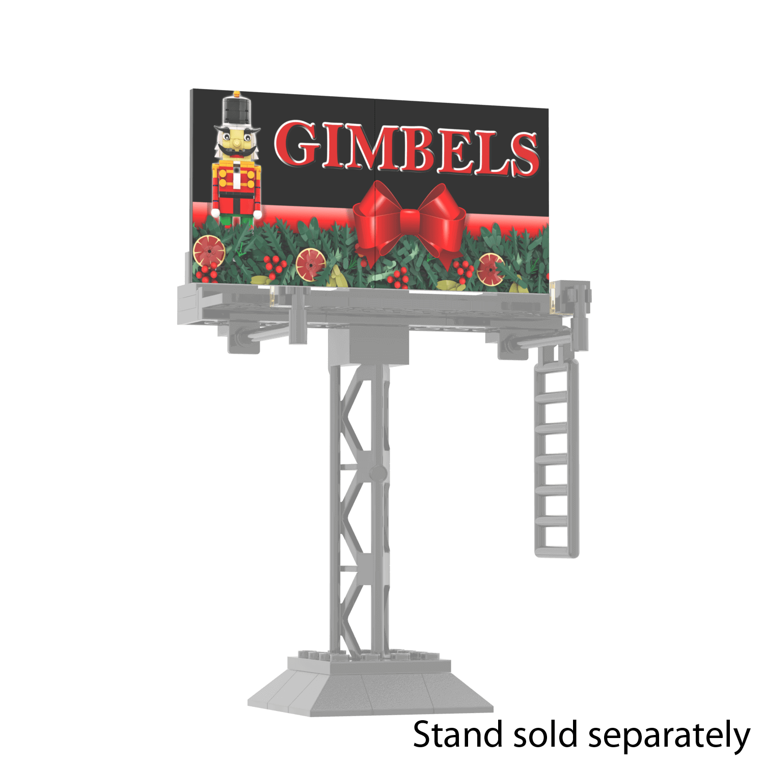 Lego Model of a Christmas-themed billboard with 'Gimbels' branding on a black background