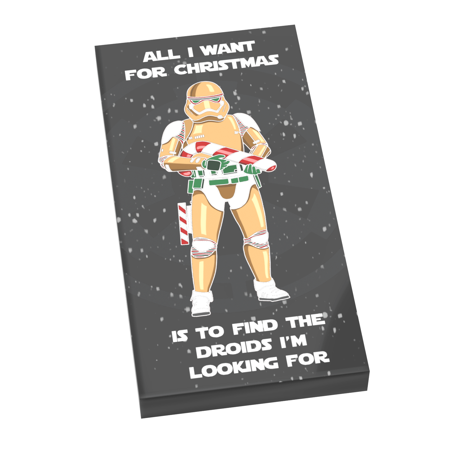 Gingerbread Holiday Trooper with a Candy Cane Gun, with snow in the background, on a white background.